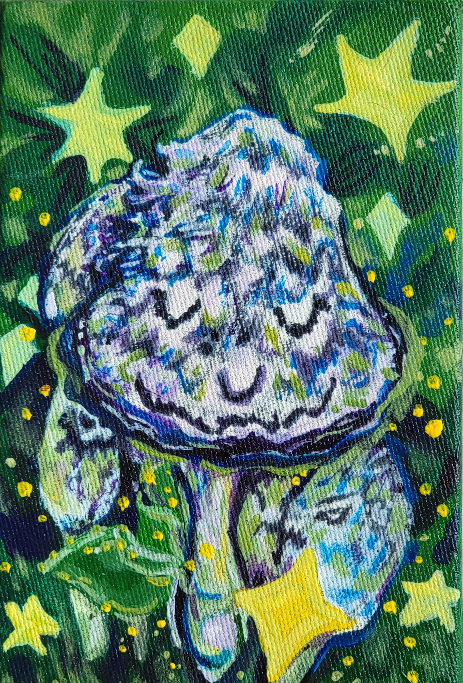 Shaggy Mane Inkies, 7" x 5", acrylics and acrylic interference paint on canvas