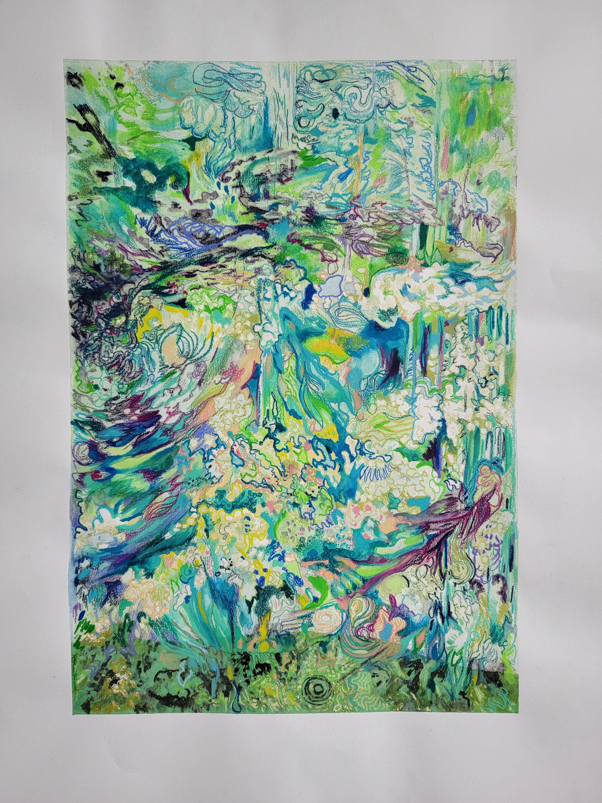 Left Hand Suzuki Method, 22" x 15", ghost print monoserigraph with Caran d'ache wax pastel drawing on Stonehenge paper