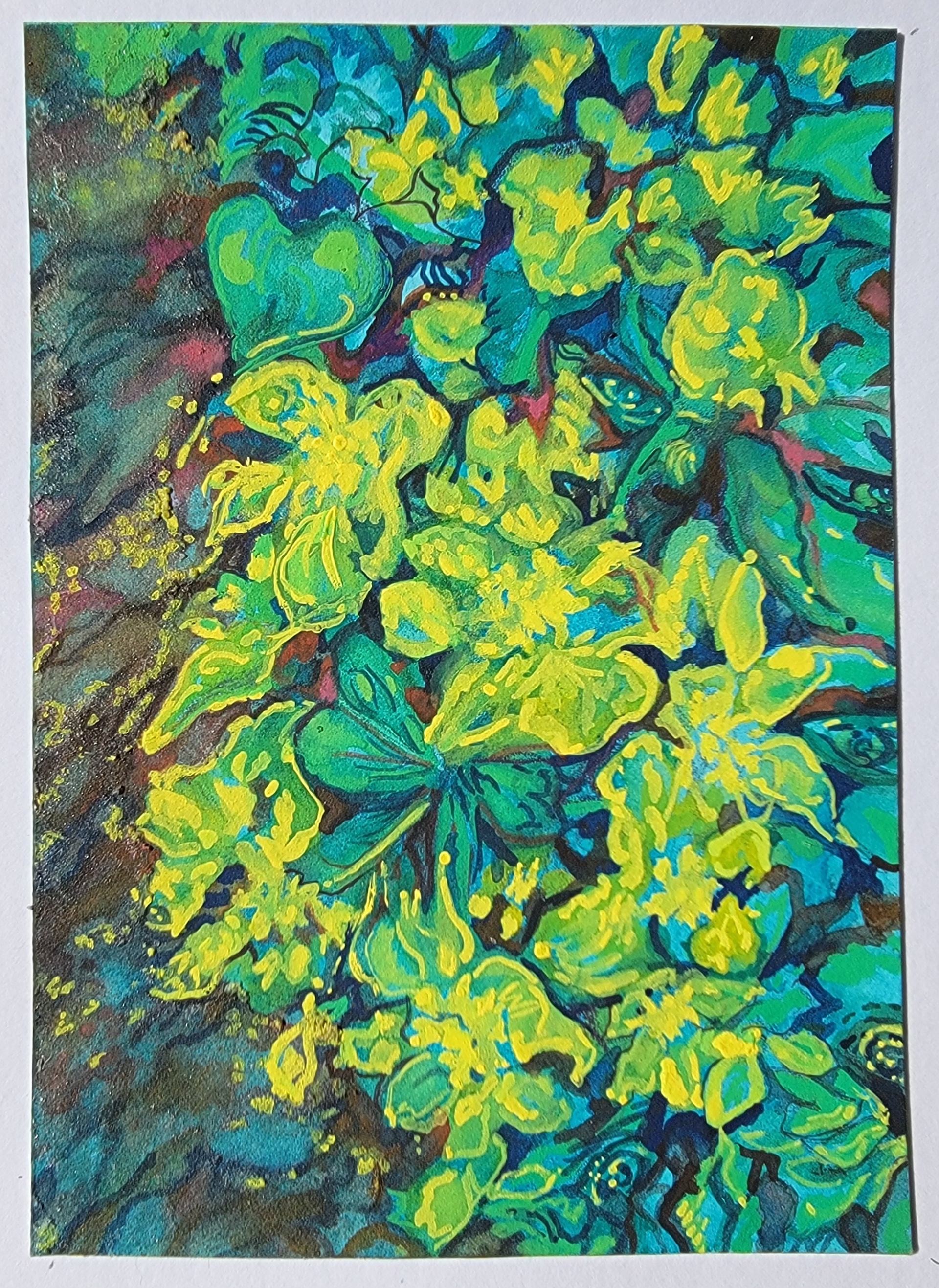 *Sparkly Euphorbia esula Sprites, 7" x 5," watercolor, gouache and salt on watercolor paper 