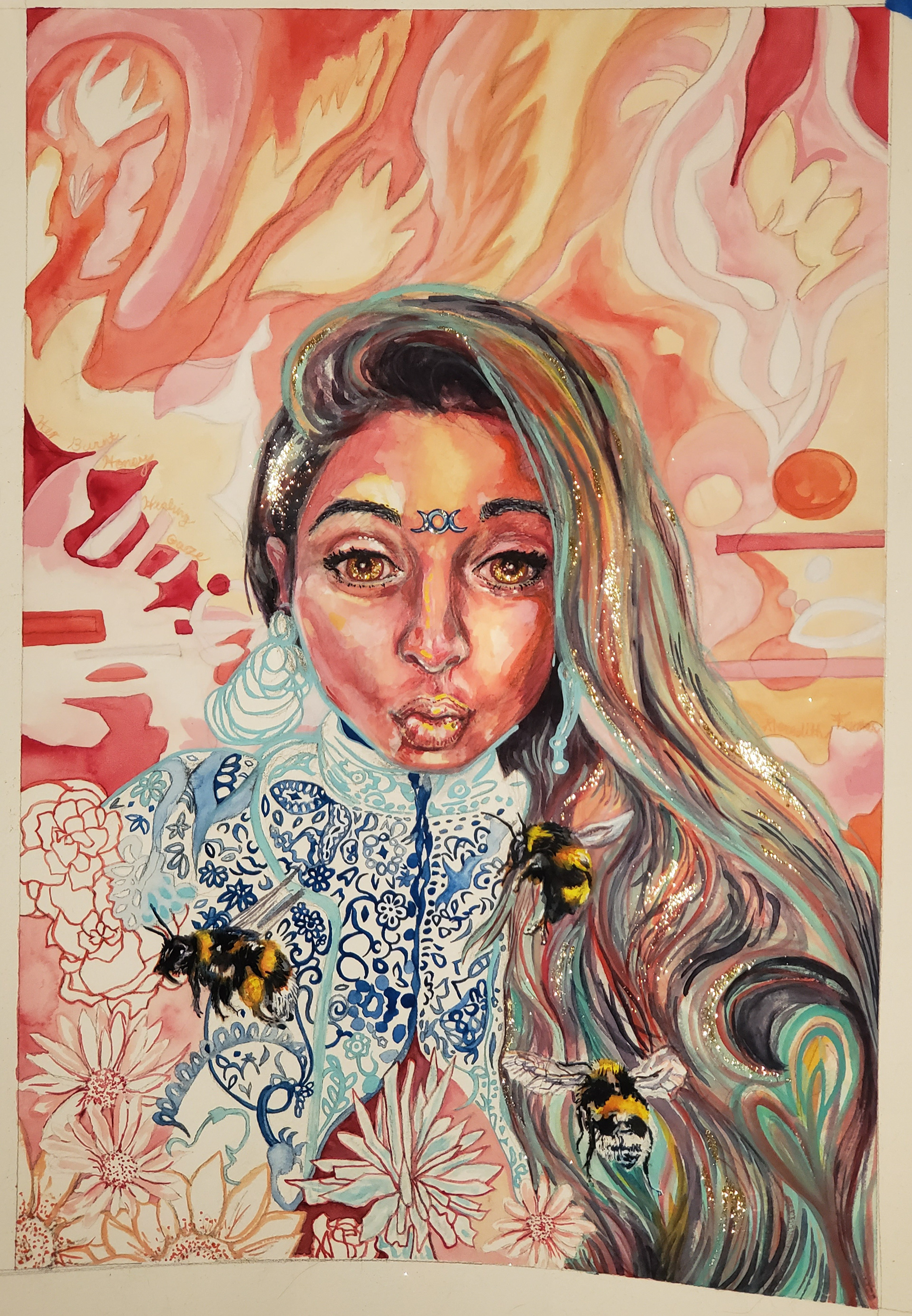 Her Burnt Honey Healing Gaze, 24" x 18"x24", watercolor, gouache, and glitter on watercolor paper
