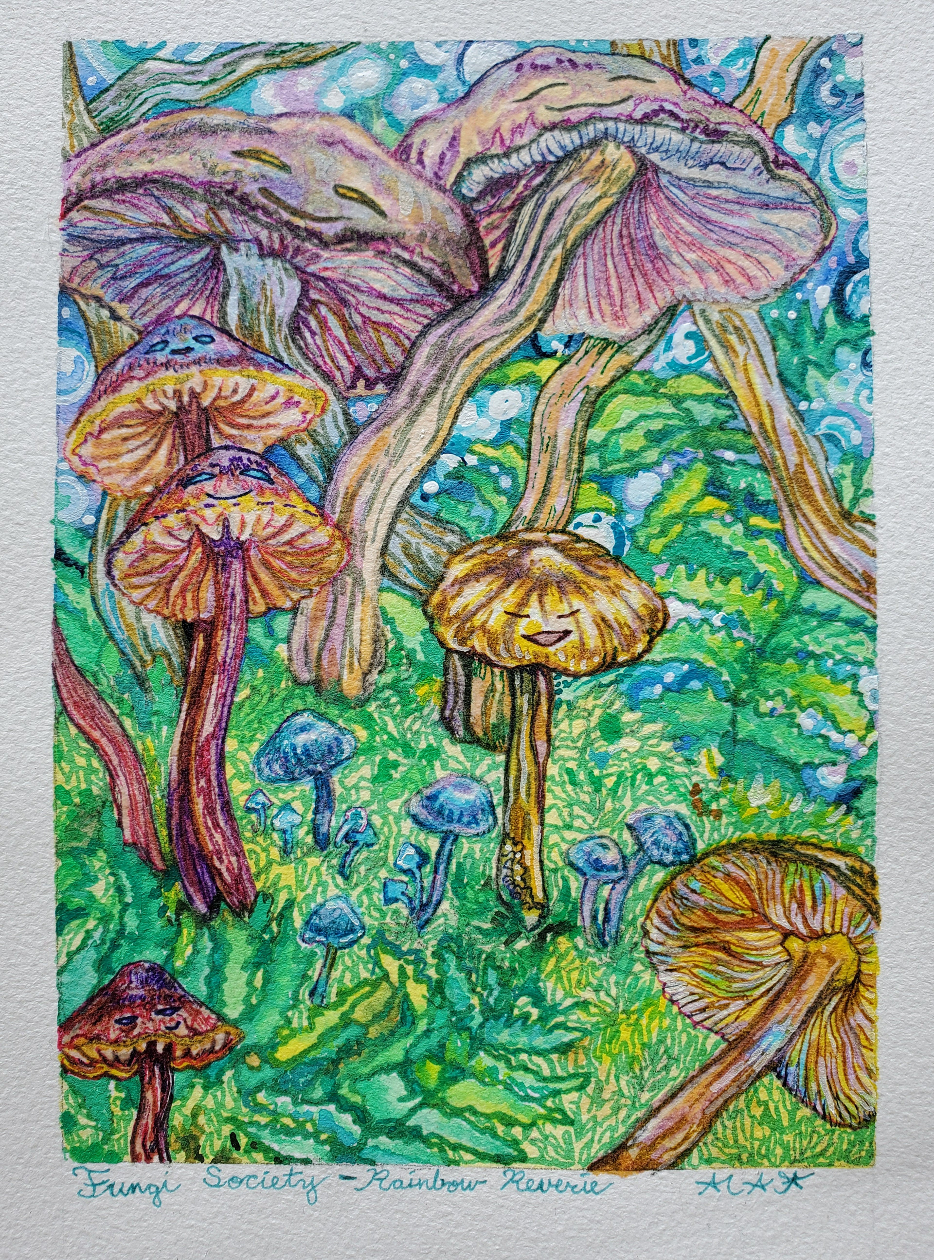 *Fungi Society-Rainbow Reverie, 8" x 6", marker, watercolor, and gouache on watercolor paper