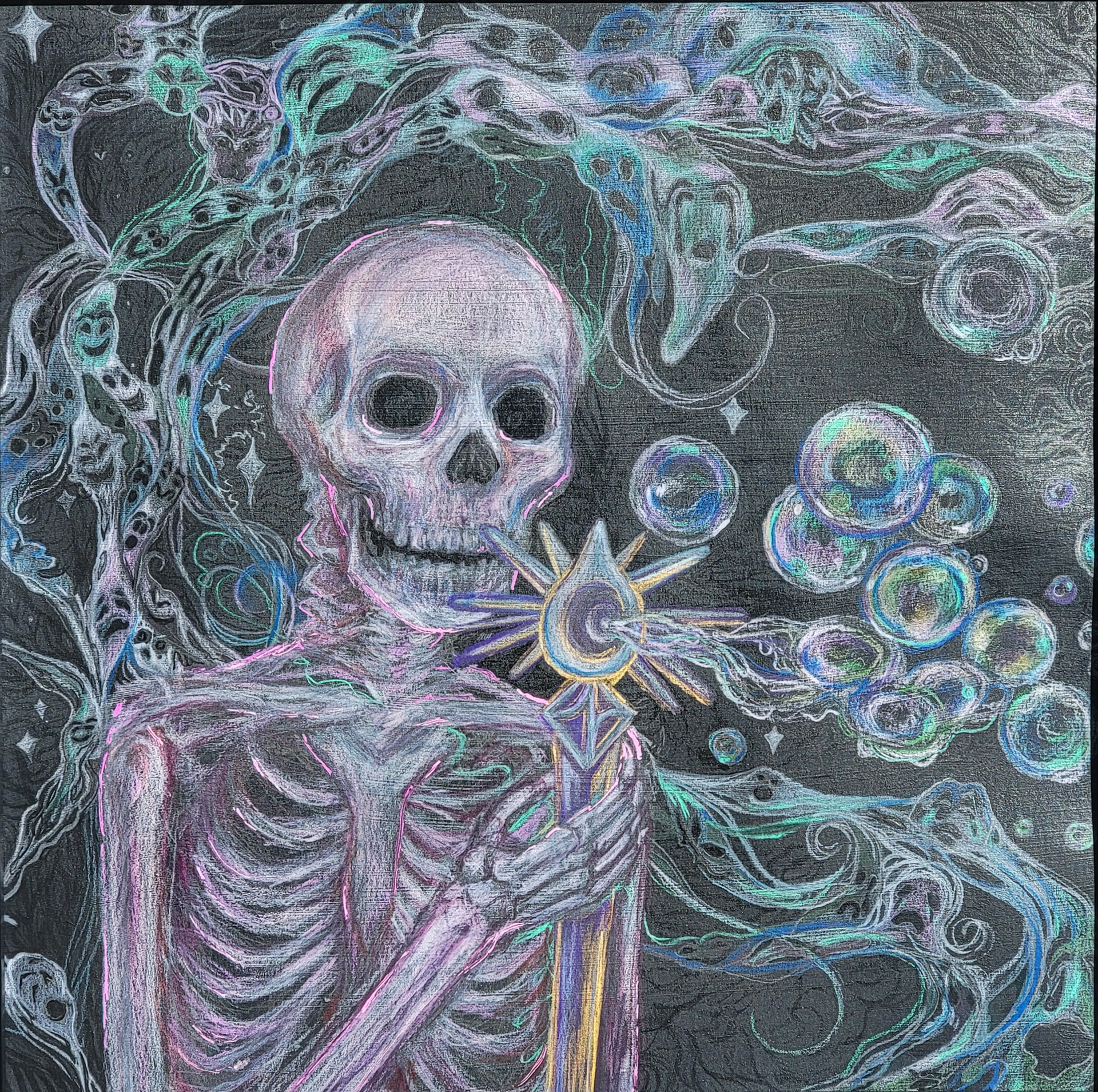 *La Muerte Faire Souffle des Bulles Maudit [Death Blowing Cursed Bubbles], 12" x 12", black gesso, colored pencil, micron, gel pen, and markers on watercolor paper