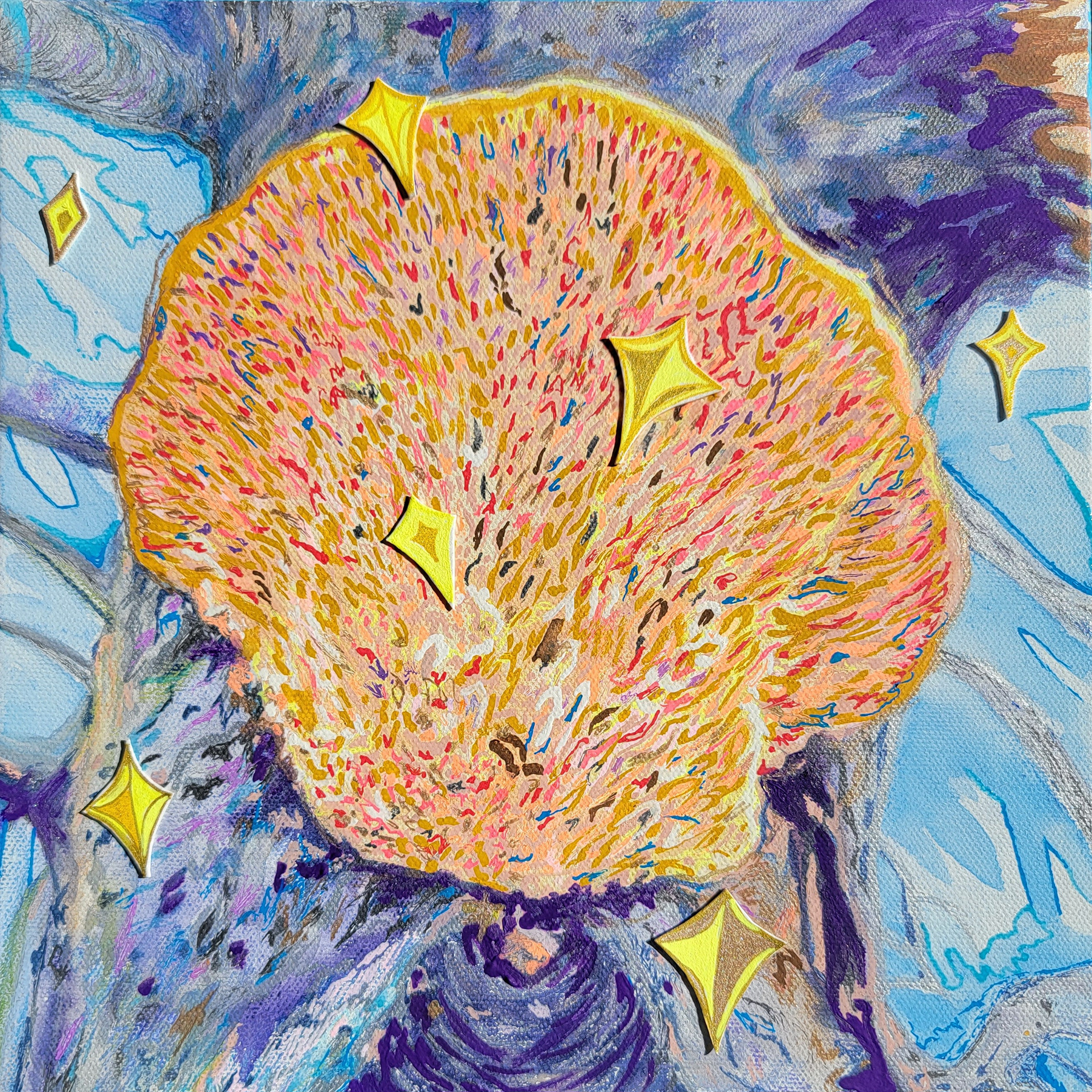 Daystar Illumination, 12" x 12," ShinHan Poster paint, gel pens, caran d'Ache wax pastels, and paper collage on canvas