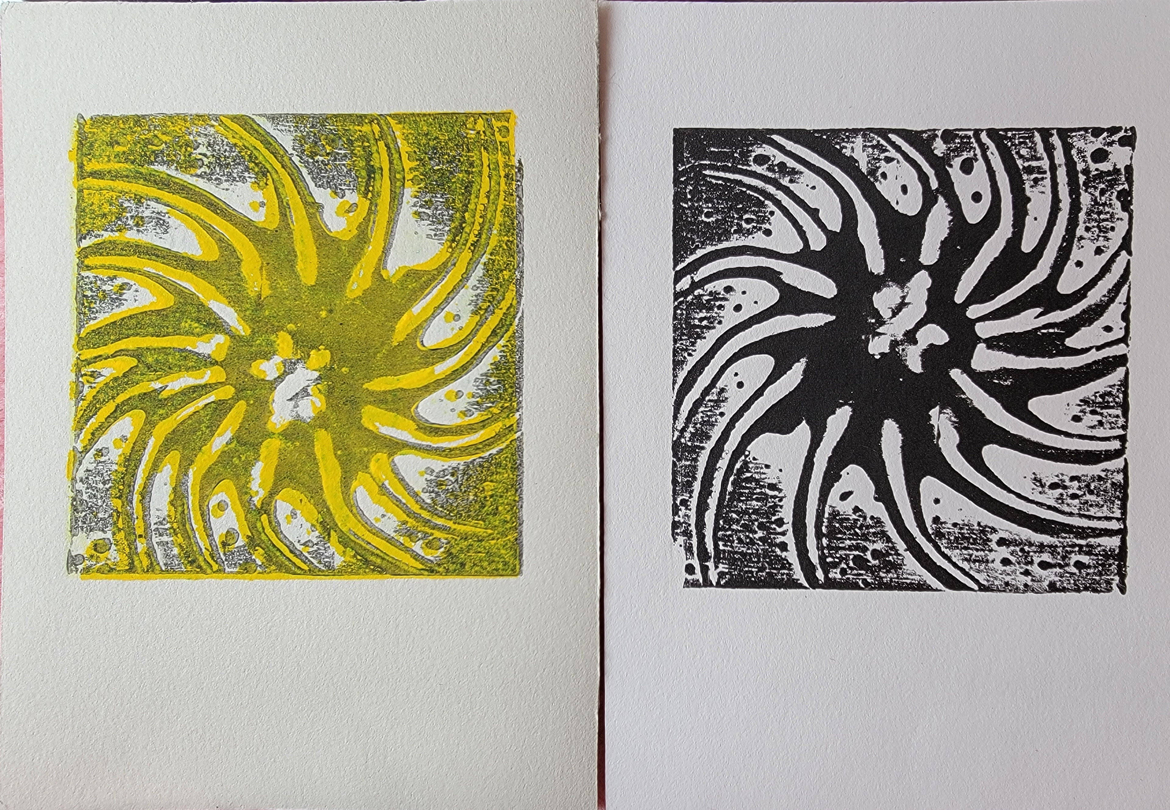 Yellow Dwarf- Stellar Black Hole, 7.125" x 5.25" each, Collagraph Print Diptych