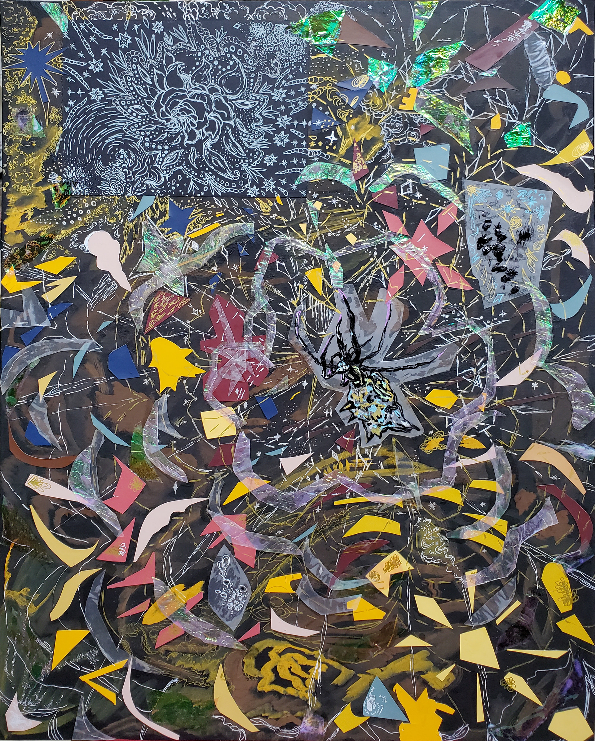 Portal: Sacred Flower Power Orbweaver, 30" x 24", Mixed media collaged drawing and painting on canvas board