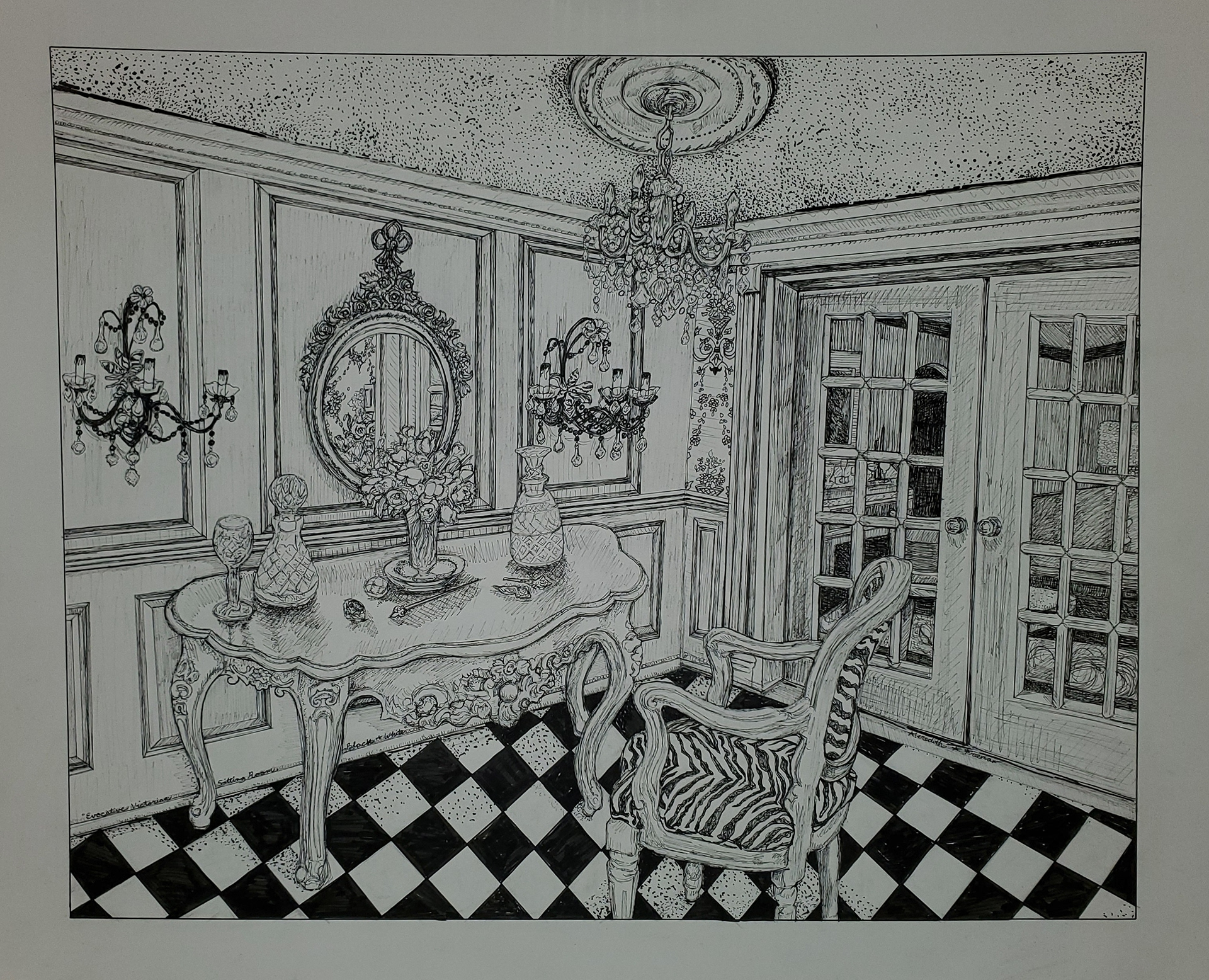 +Evocative Victorian Sitting Room, Black and White, 16" x 20", micron on watercolor paper