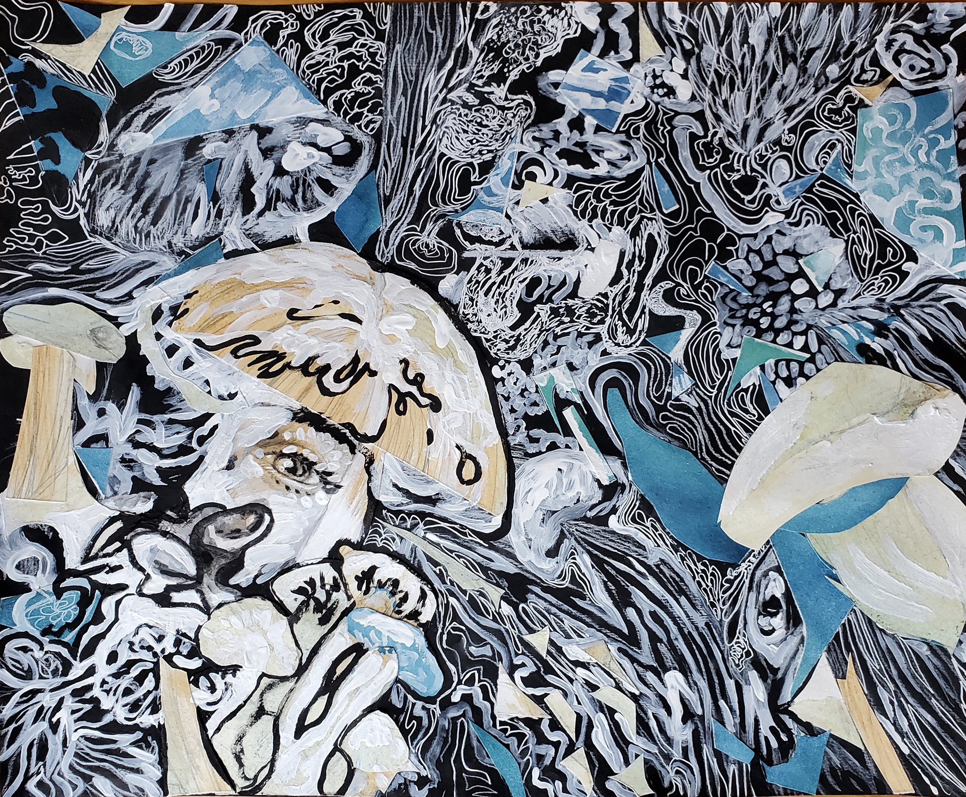 *Shadowing Divinity, 14" x 17", white charcoal, white gesso, black gesso, white gel pen, and collaged drawing on Bristol paper