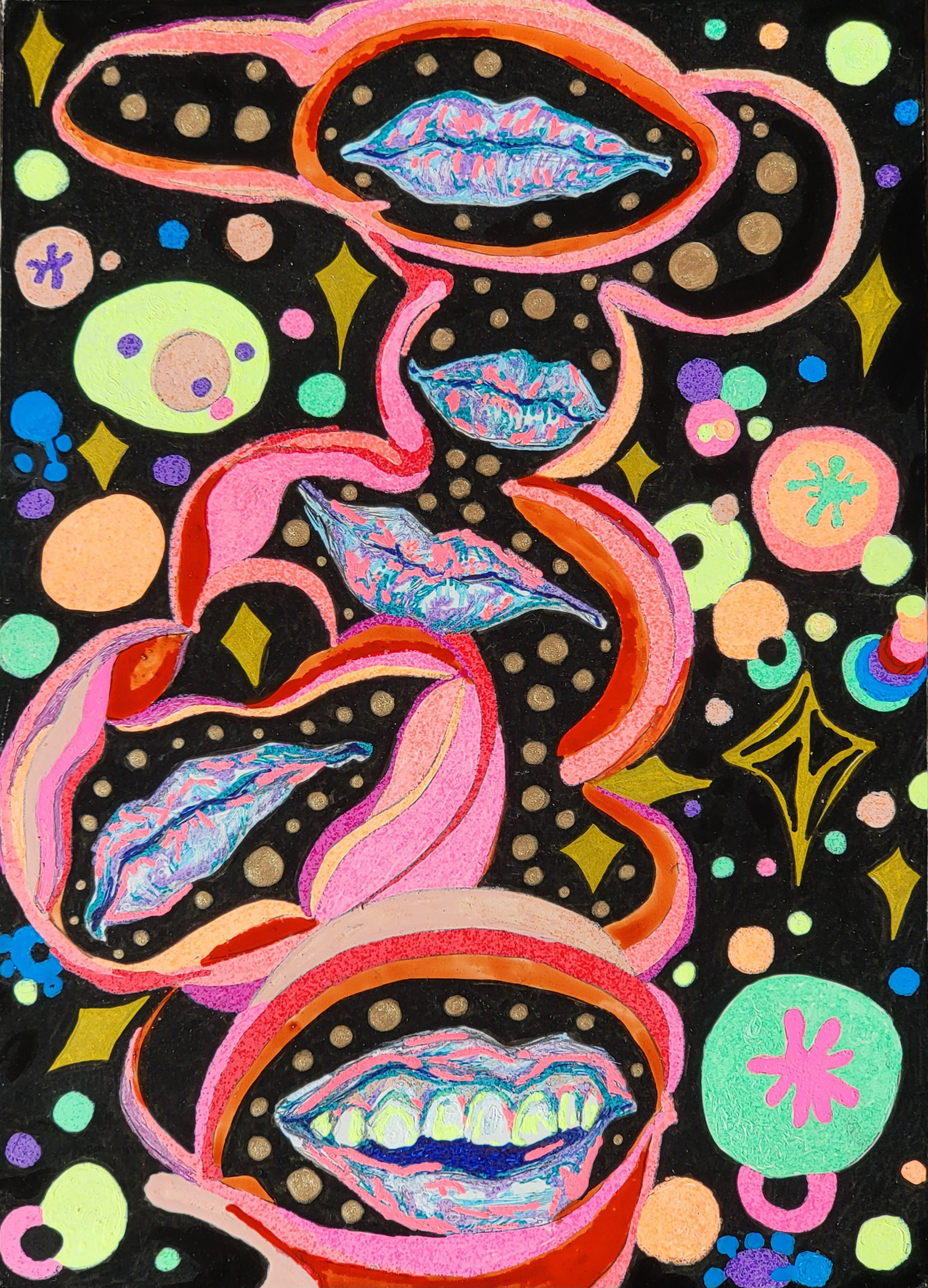 Internal Dialogue, 7" x 5," micron, gel pen, and marker on claybord