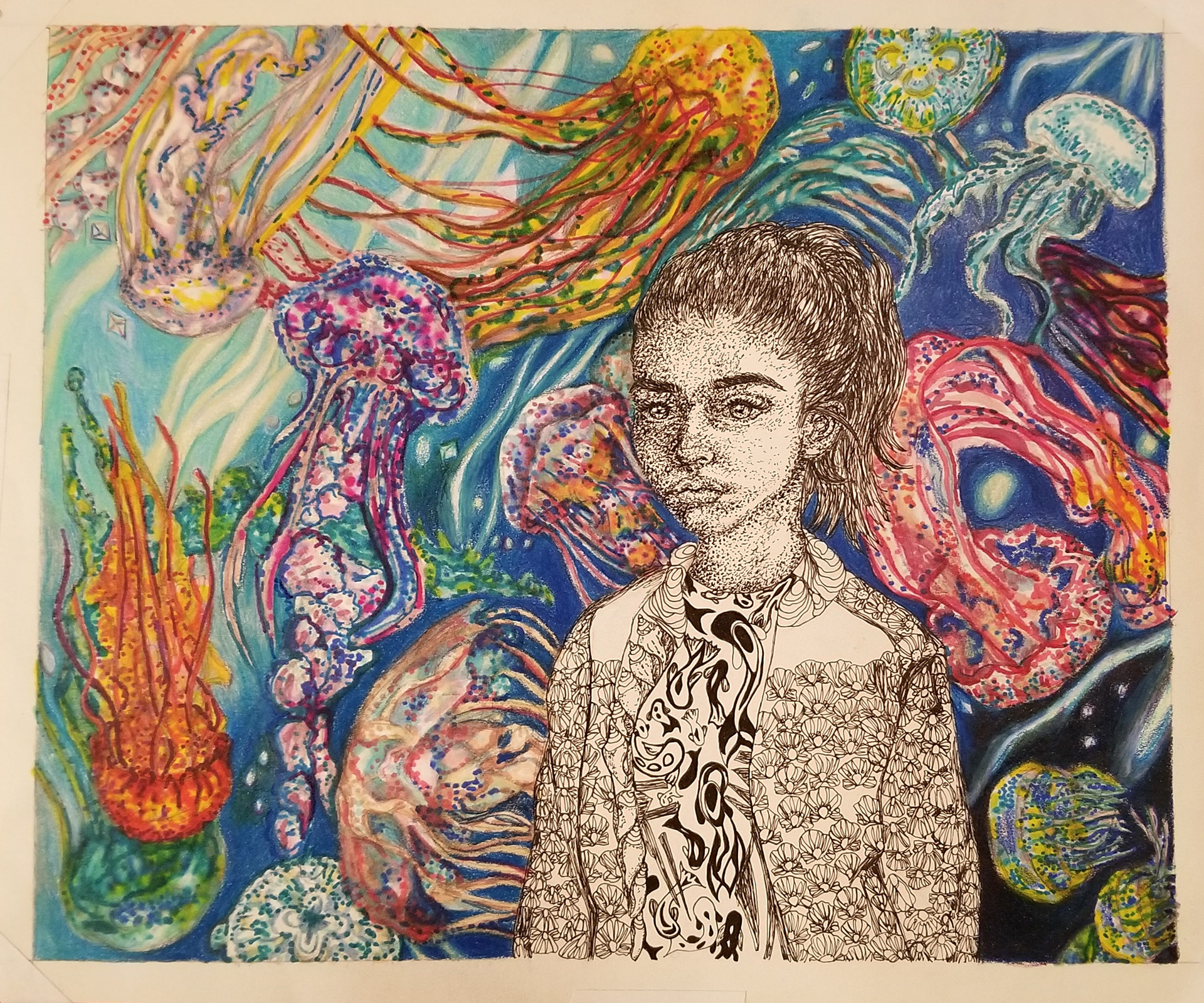 Aquatic Kaleidoscopic Dreamer, 2018, 8" x 10", micron, colored pencil and marker on watercolor paper