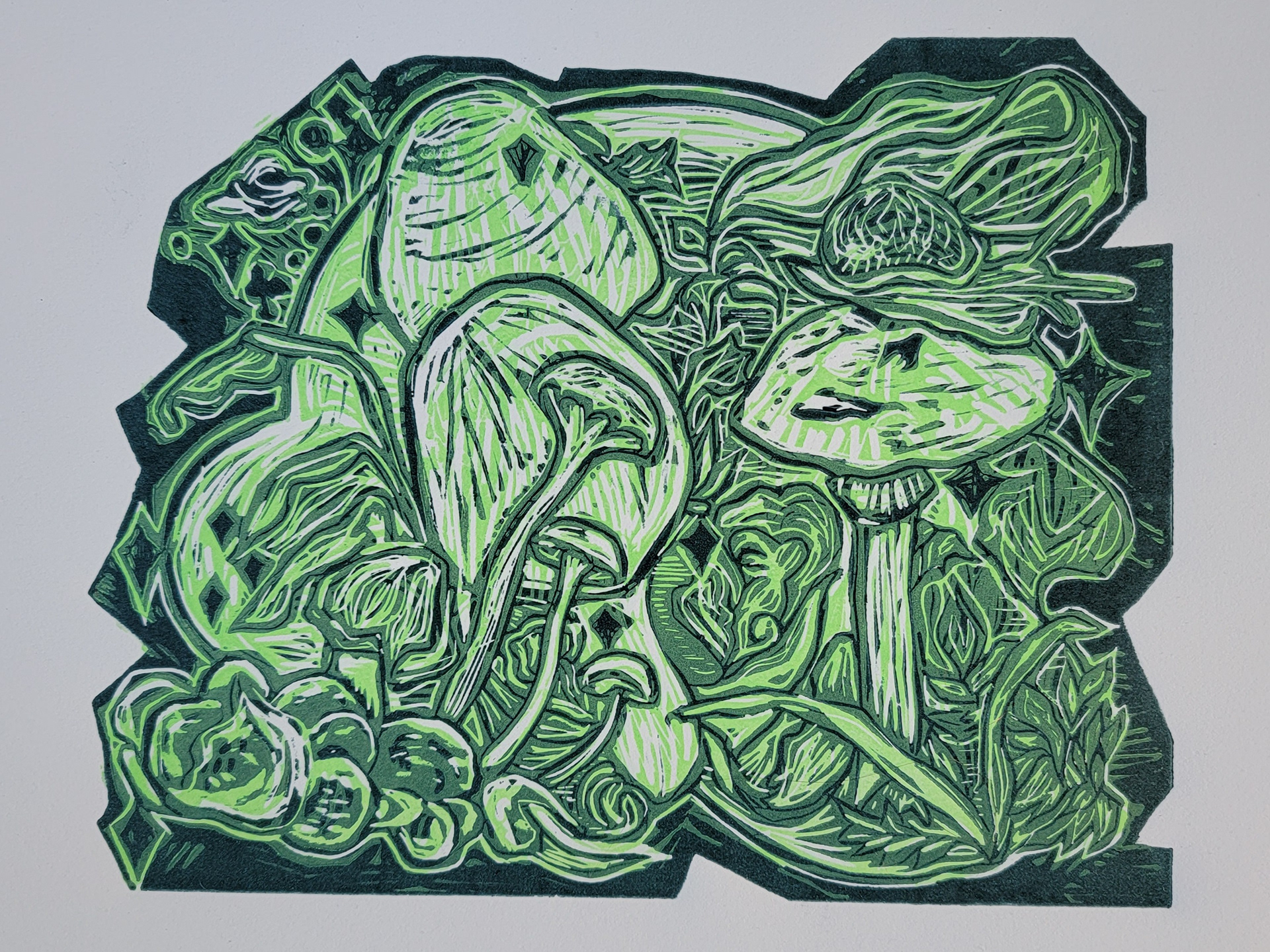 The Future is Extant, 12" x 11," Linocut on Stonehenge paper