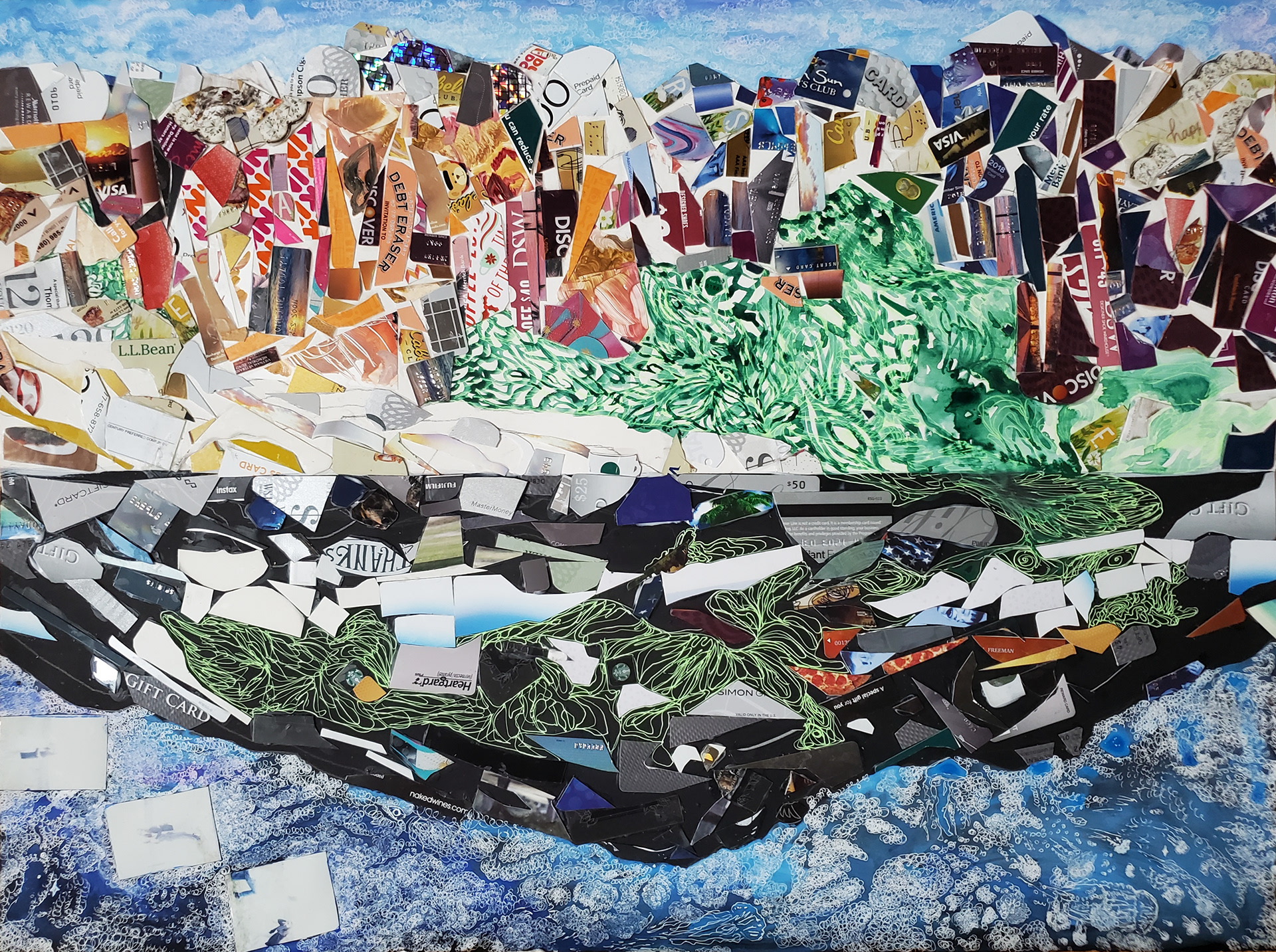Celestial Nostalgic Bodies, 22.5" x 30", gift cards, Fujifilm Instax mini 9 photos, collaged water-mixable oils on Yupo paper, gel pens, and gouache on white and black gesso primed watercolor paper