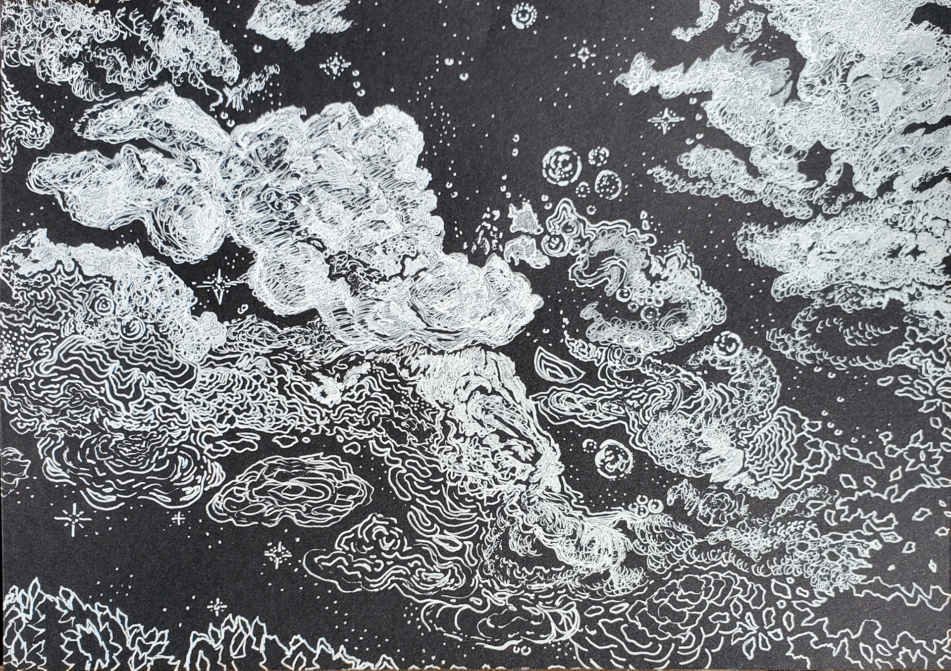 +Goldfish Nebula, 7" x 10", white gel pens on Canson black drawing paper