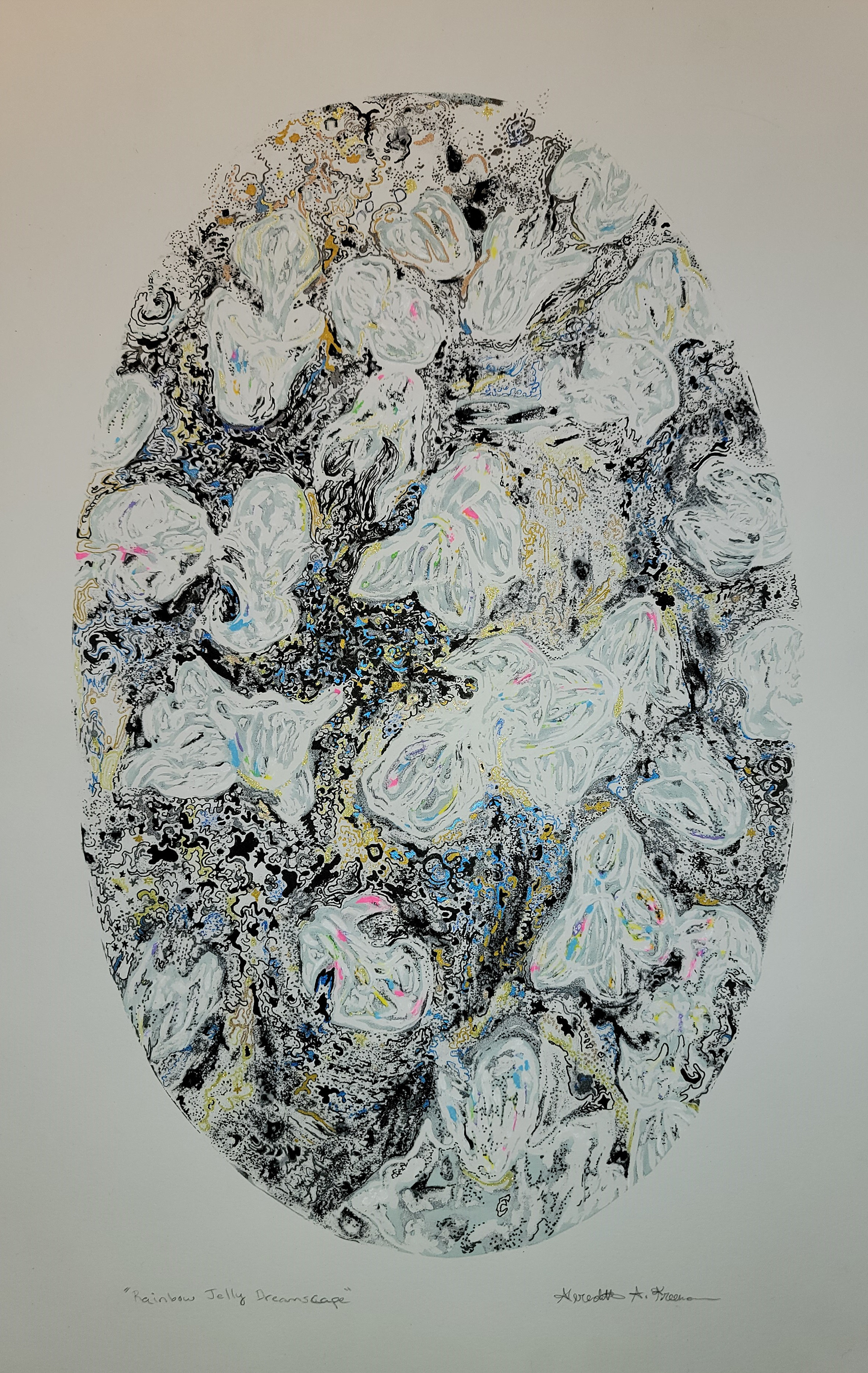 Rainbow Jelly Landscape, 22.5" x 15", Monoserigraph with gel pen accents on Stonehenge paper