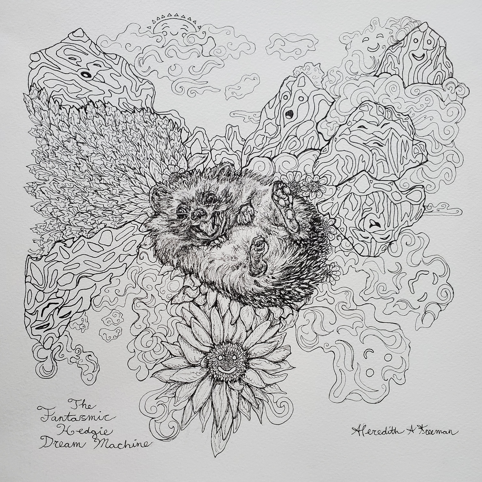 *The Fantasmic Hedgie Dream Machine, 10"x10", micron on watercolor paper