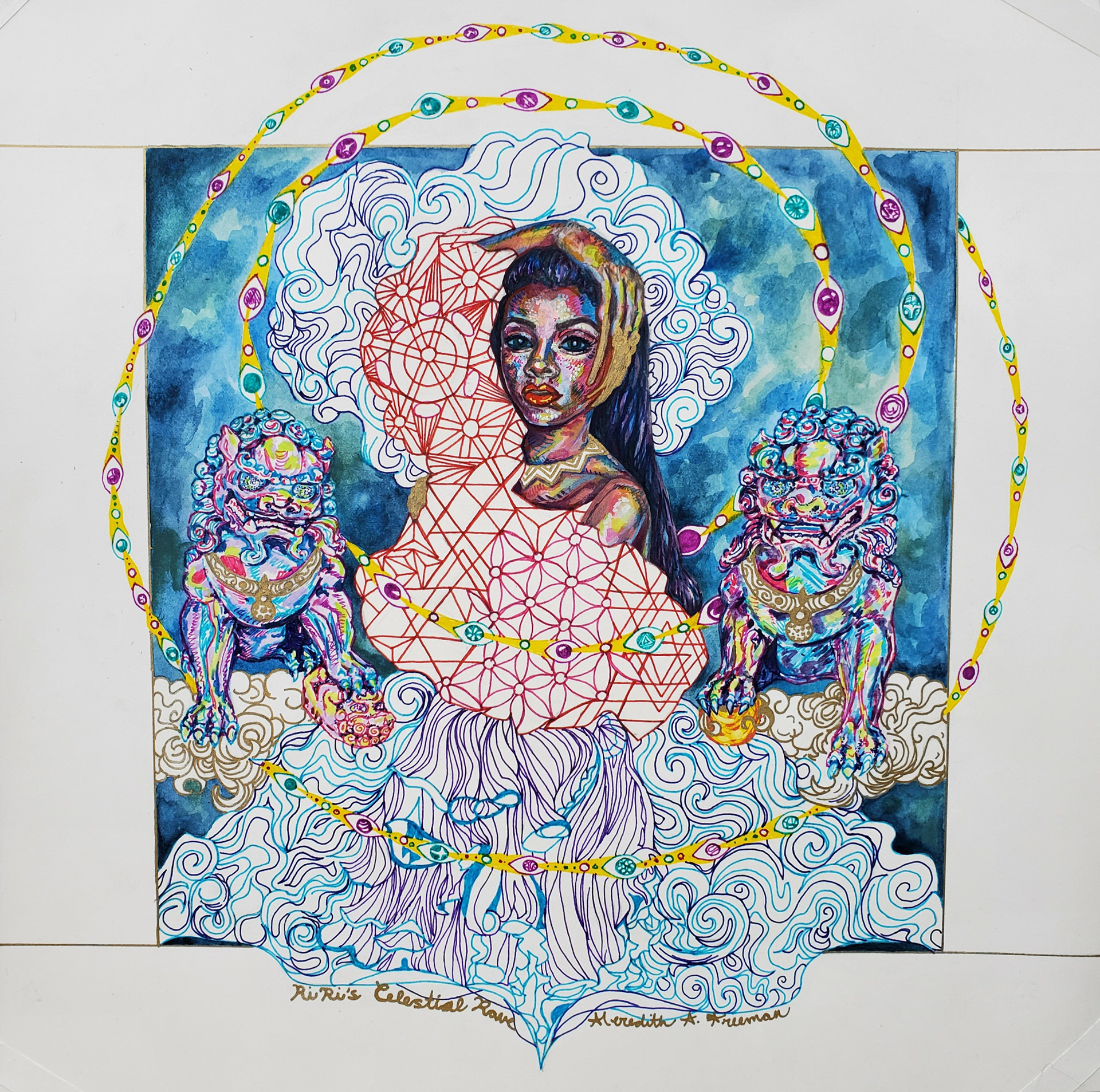 +RiRi's Celestial Rave, 11"x11", watercolor, gouache, marker, and Sharpie paint pen on watercolor paper