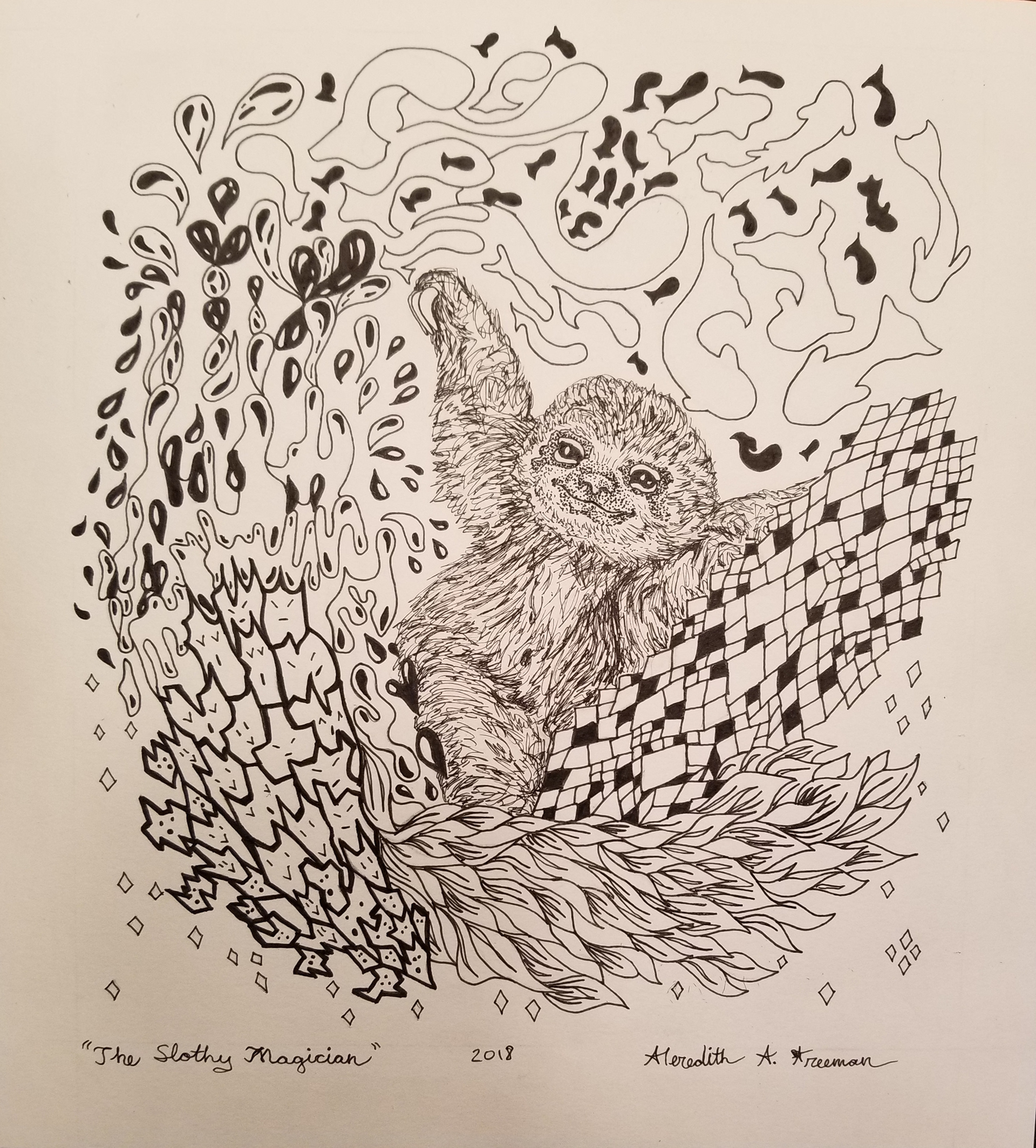 +The Slothy Magician, 10.5" x 9.5", micron on drawing paper
