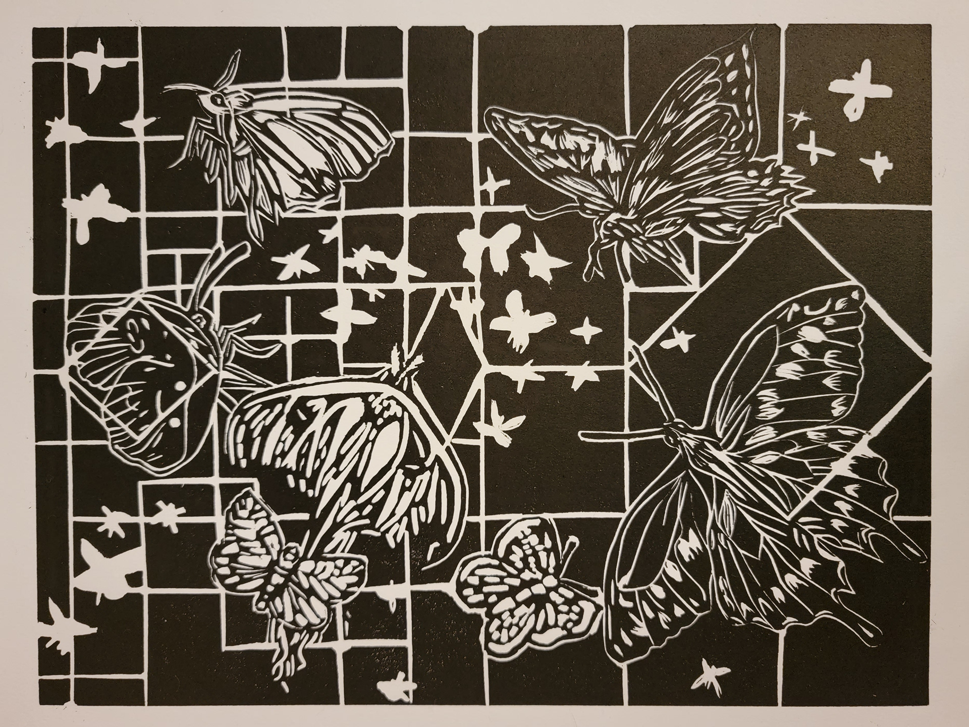 Mariposa Danseuse, 11" x 12," Linocut on Stonehenge Paper