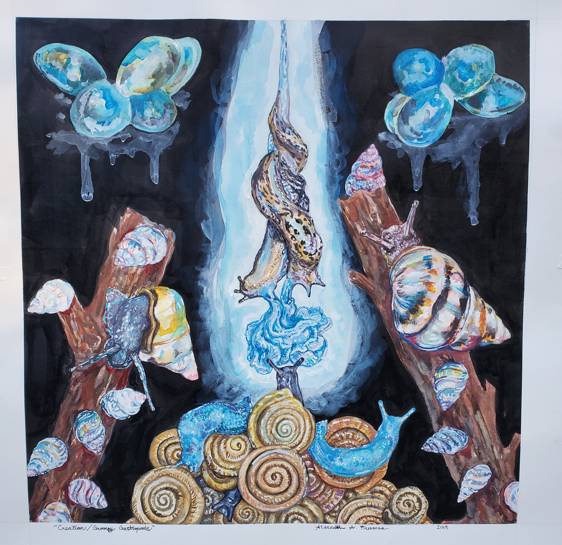 Creation/Groovy Gastropods, 18"x18", watercolor, gouache, micron, and India ink on watercolor paper