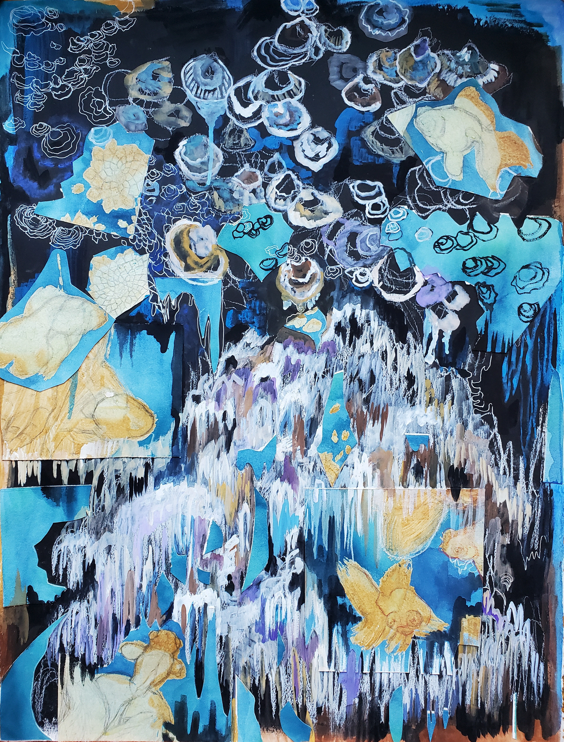 Aquatic Mycology, 30" x 22.5", gouache, white charcoal, white gel pen, conté, and collaged drawing on black gessoed watercolor paper