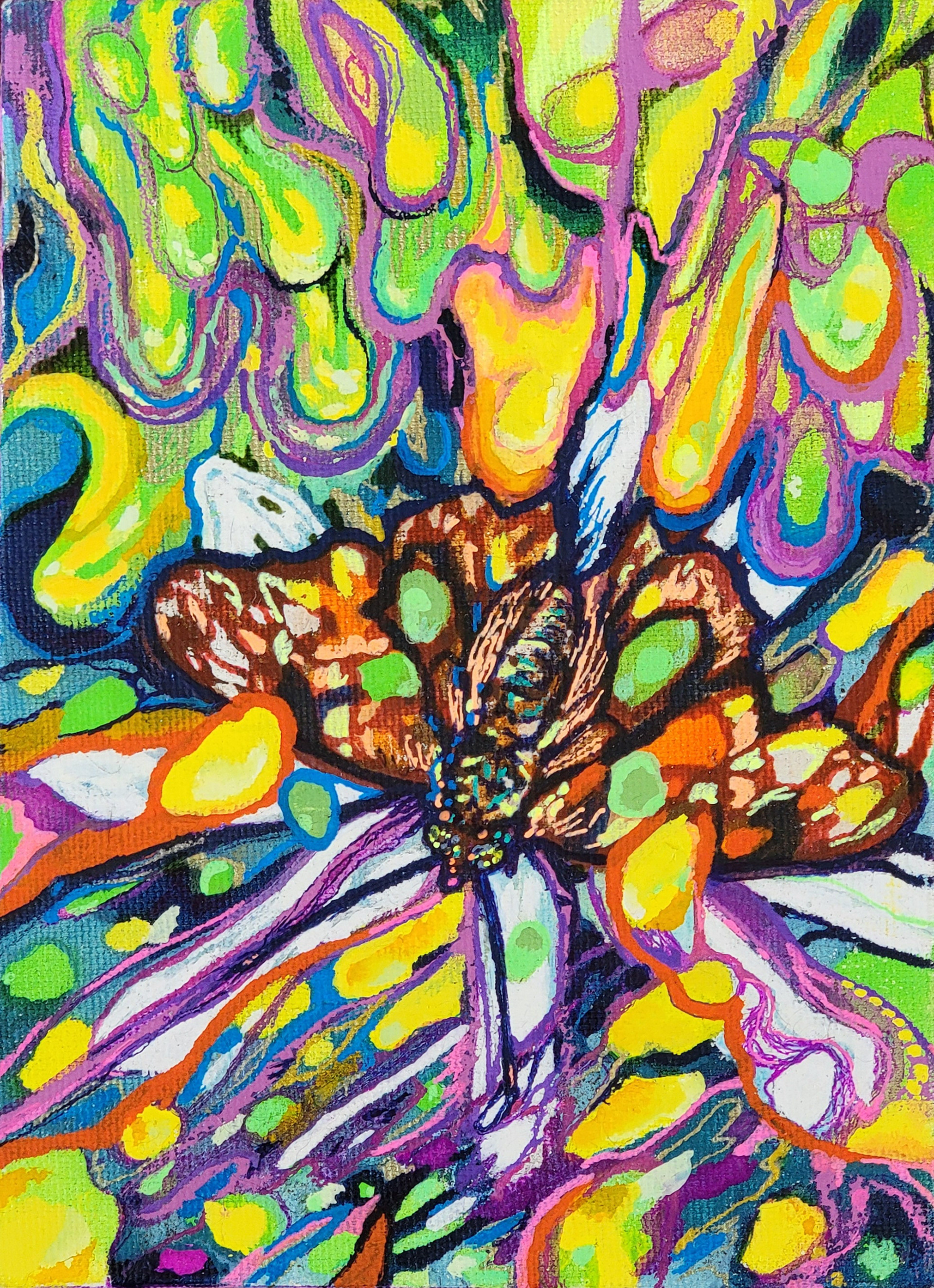 Flutter Fallout - aka Vividmoth, 7" x 5," ShinHan Poster paint, gel pens, marker and gouache on canvas