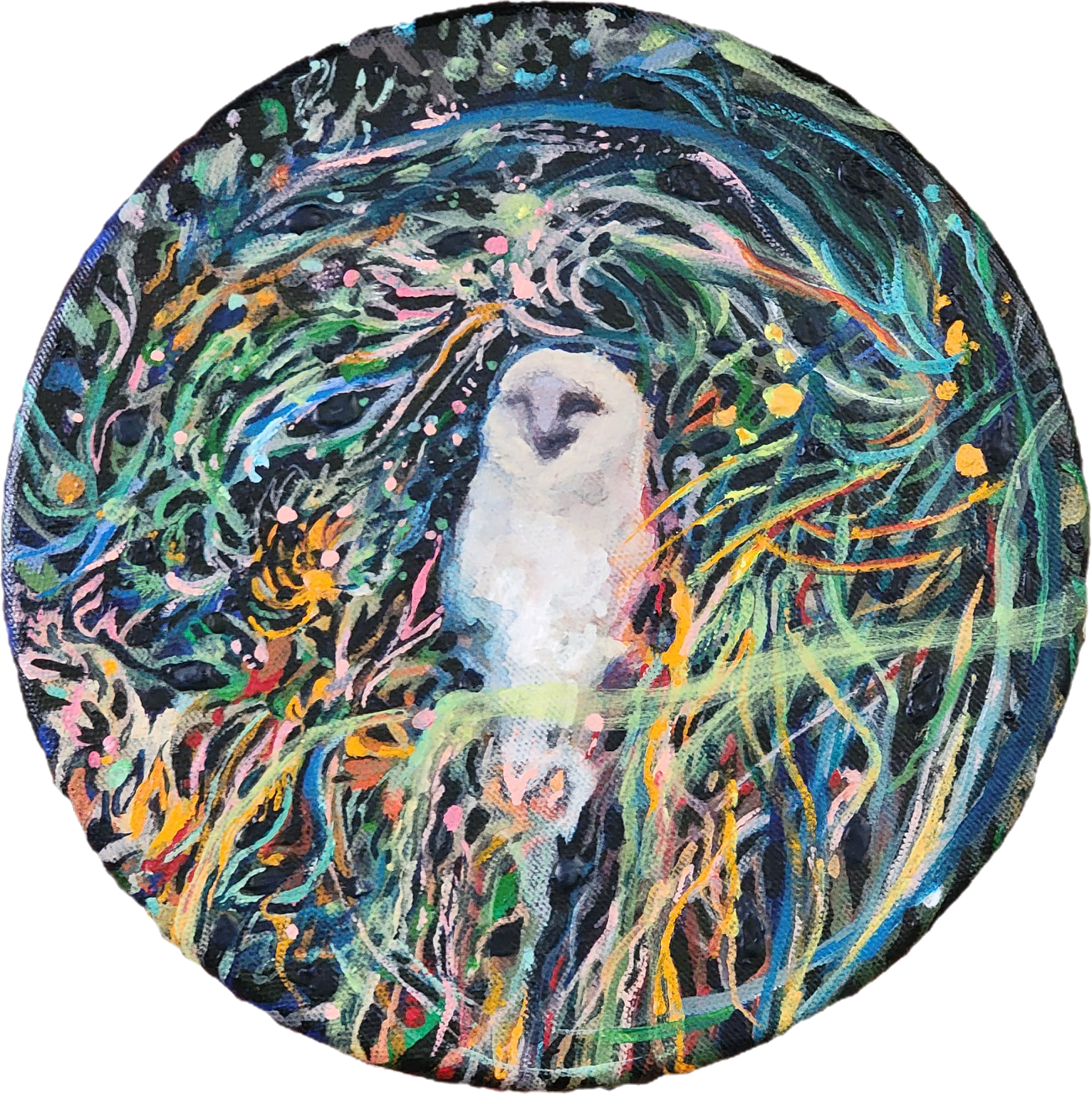 SSBD Cosmic Party Owl, 8" tondo, acrylic paints and ShinHan poster paint on canvas