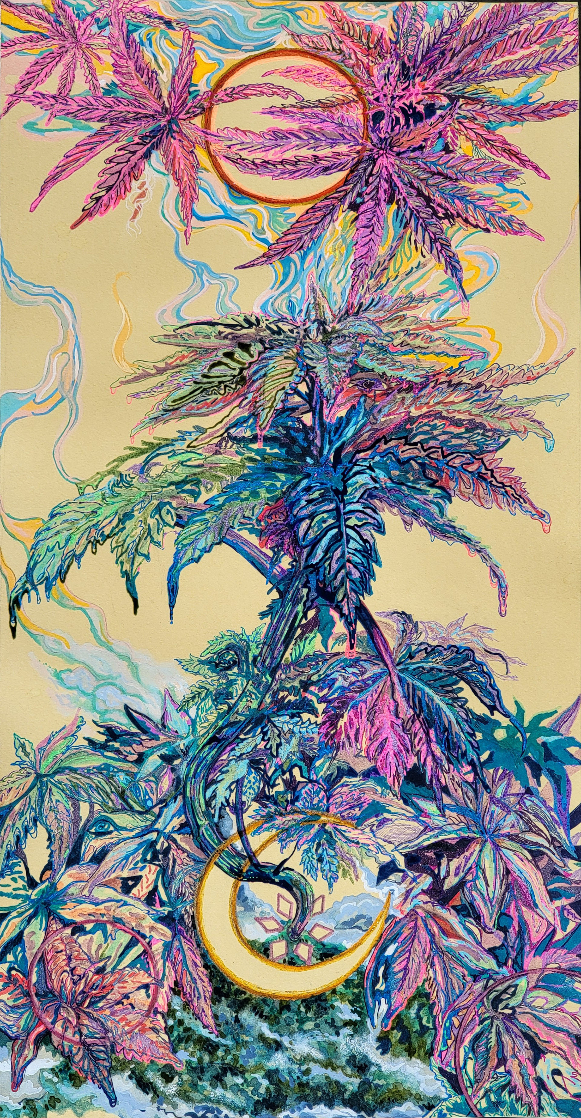 Golden State Fairies / Technicolor Vapor, 24" x 12", gel pens, markers, gouache, watercolor, and marijuana leaf pigment on mounted watercolor paper
