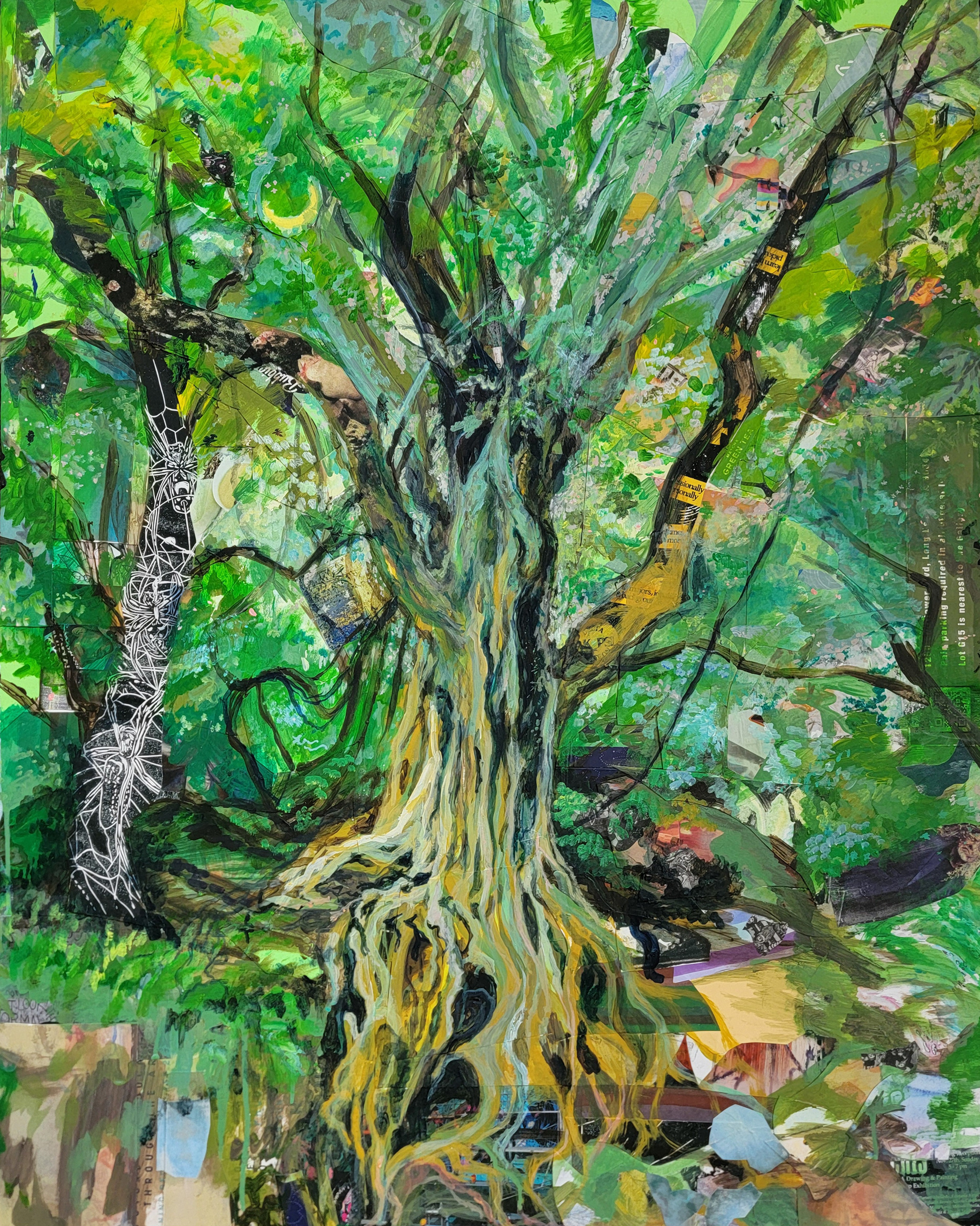El Árbol Très Magique de los Duendes de Tepoztlán, 40" x 32," acrylic paint and mixed media collage on illustration board