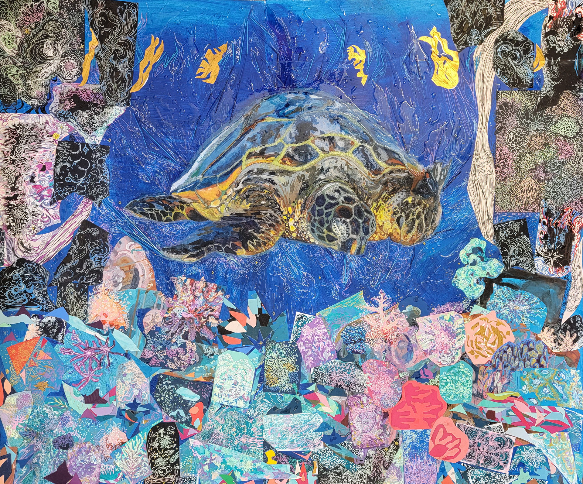 Prayer & Care, 40" x 48", mixed media collage on watercolor paper with turtle in resin (Color Aid, paint chips, gel pen, black gesso, acrylic paint, gouache, watercolor, Dura-lar, embroidery thread, screen print tests, Sharpie marker, Sharpie paint pen)