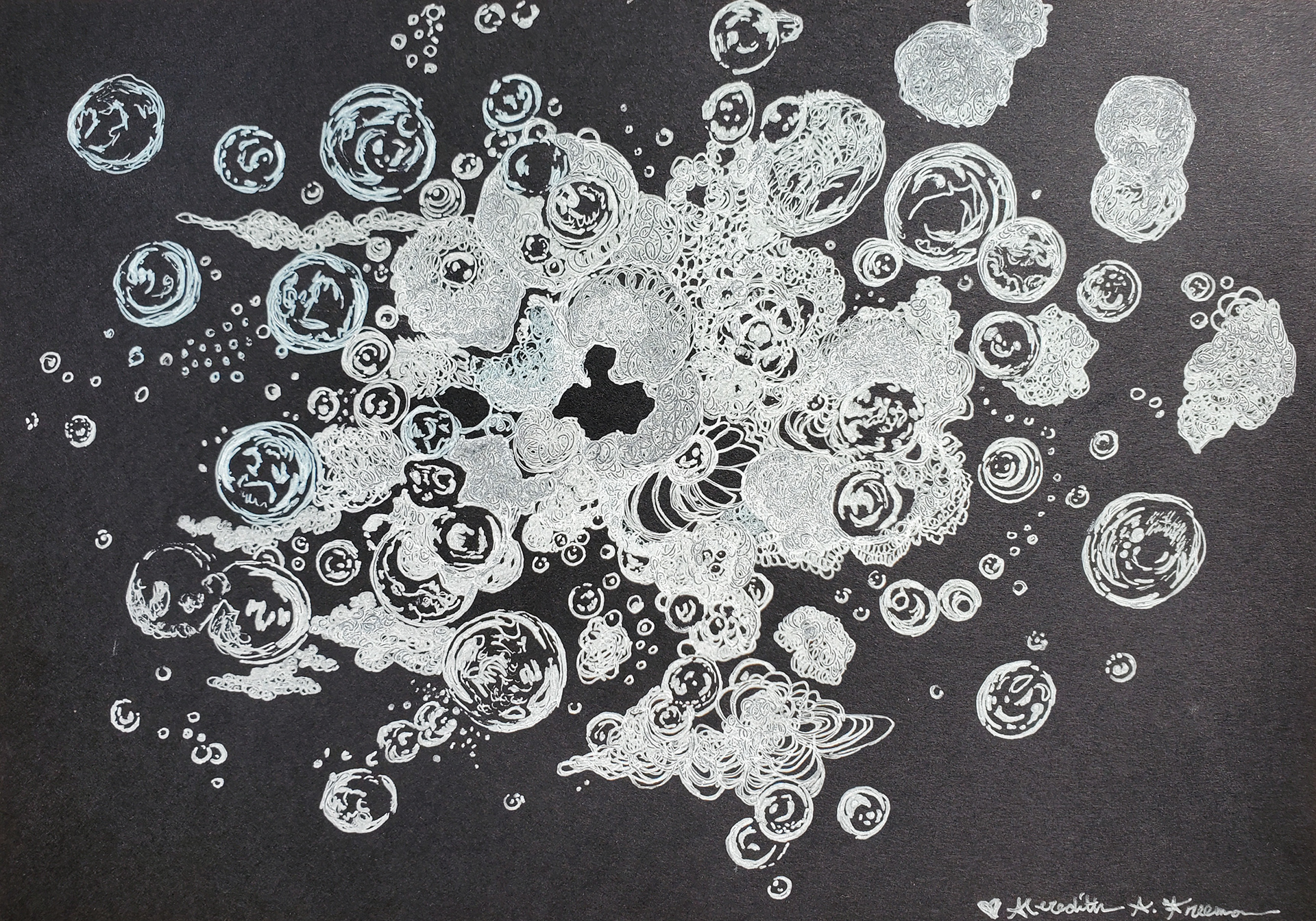Bubbly Cosmic Symphony, 7" x 10", white gel pens on Canson black drawing paper