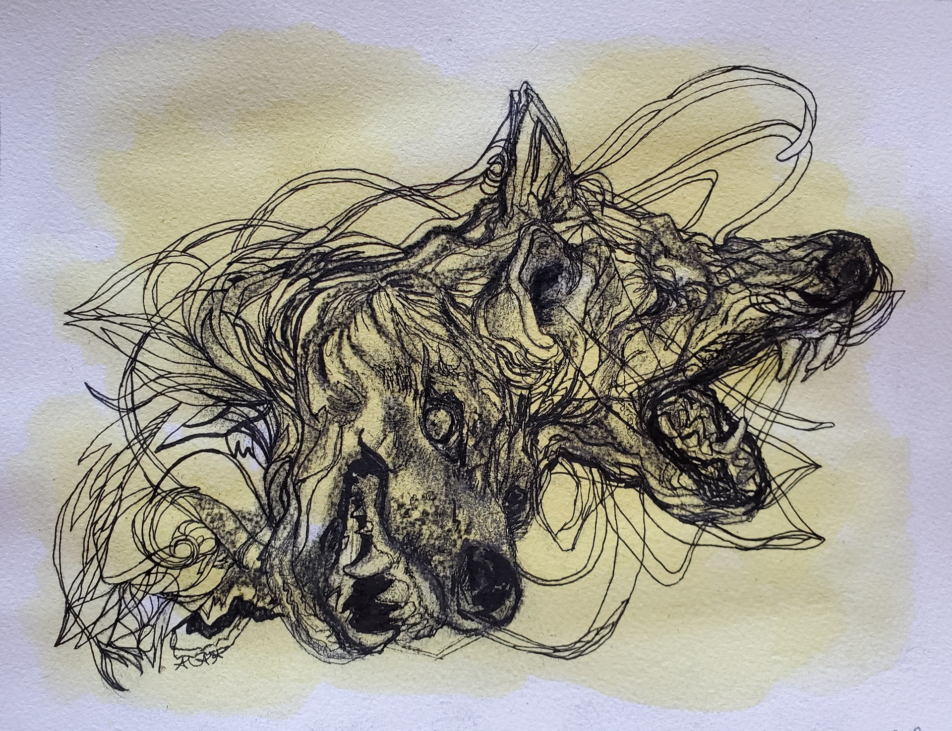 Aggression / Self-preservation, 8" x 10.5", micron, Pitt artist pen, vine charcoal, and yellow rose pigment on watercolor paper