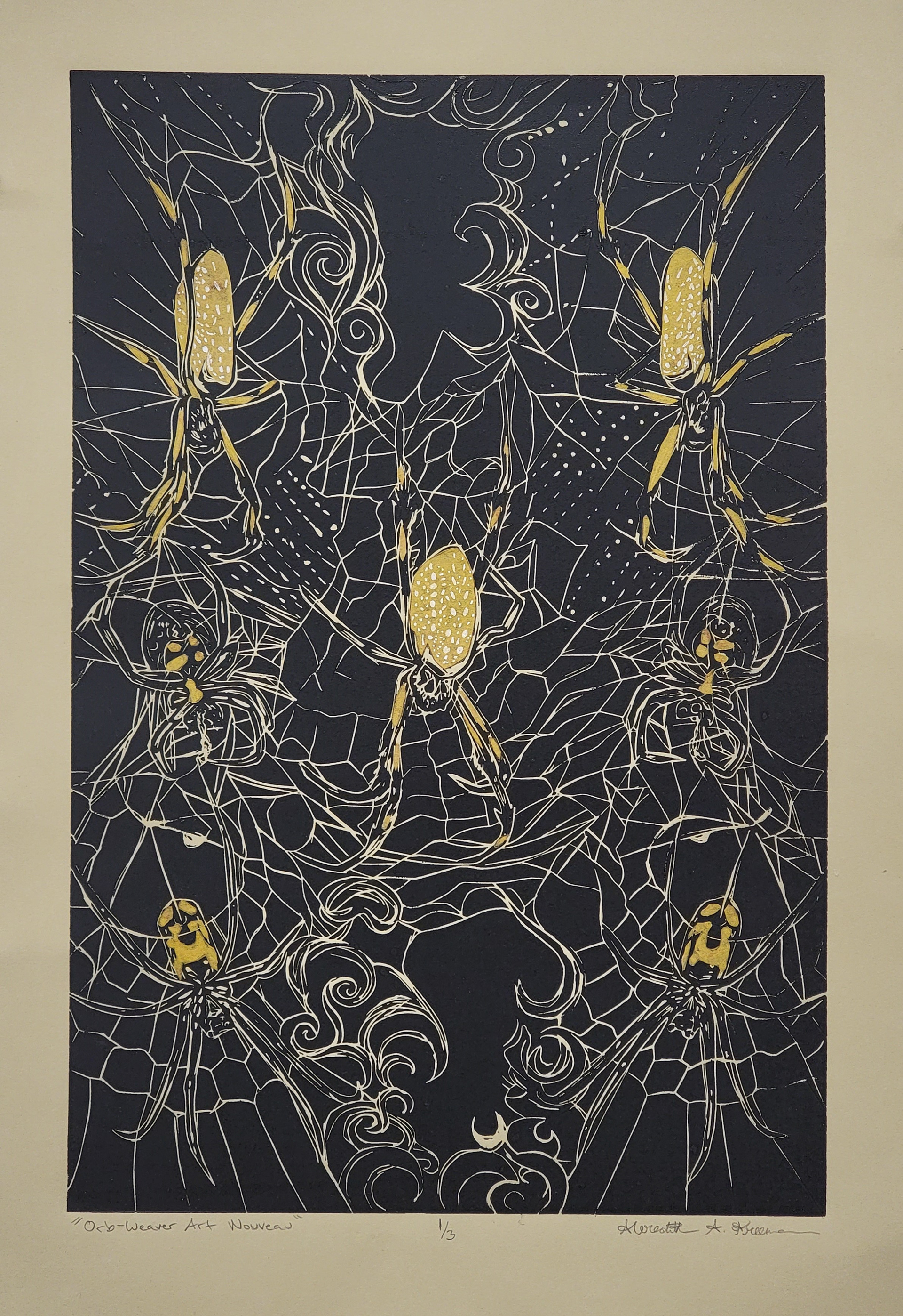 Orb-weaver Art Nouveau, 20" x 15," Linocut with Chine Colle on toned Pescia Paper