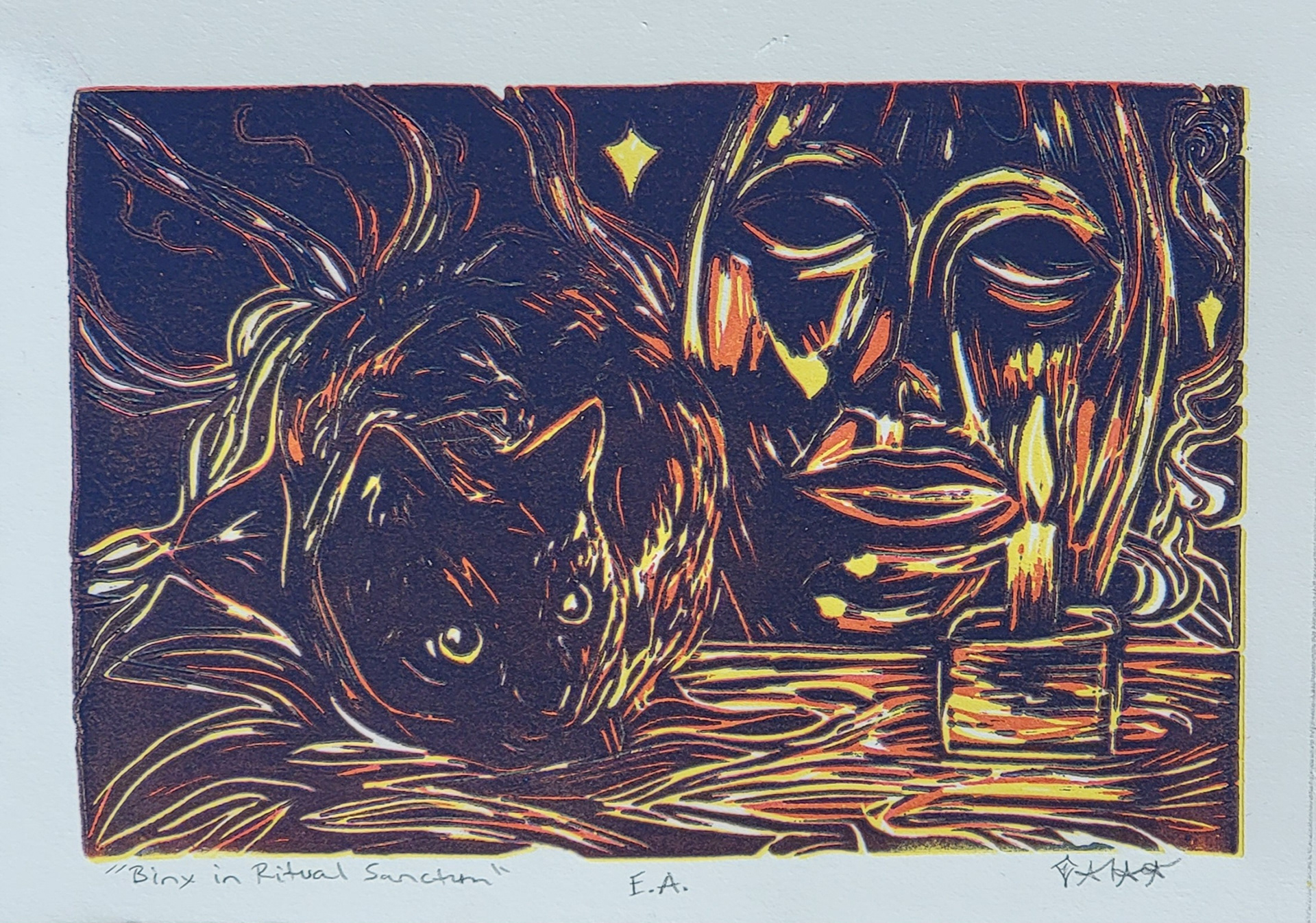 Binx in Ritual Sanctum, 5" x 7," Reduction Linocut print, edition of 23
