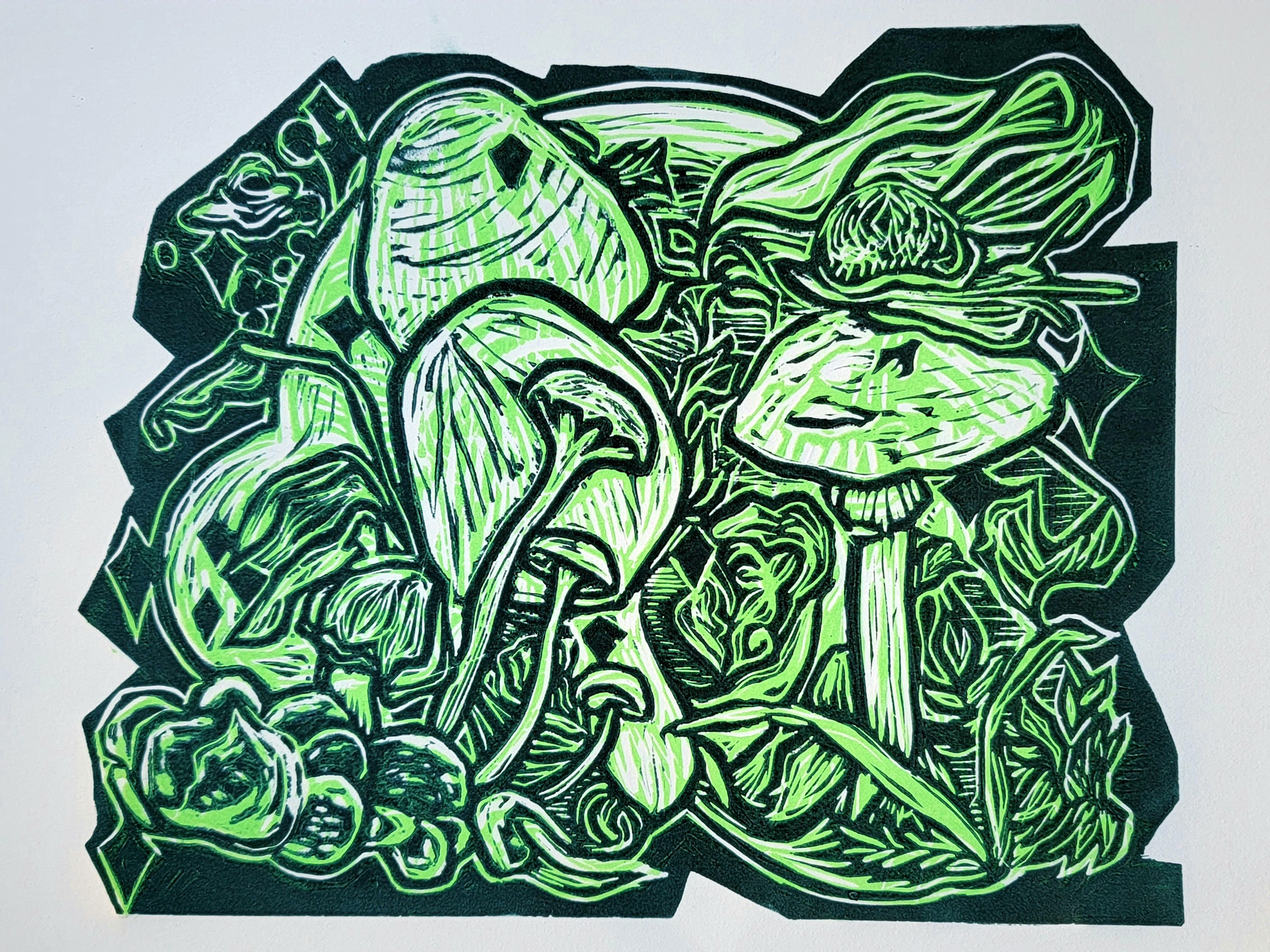 The Future is Dark & Extant, 12" x 11," Linocut on Stonehenge paper