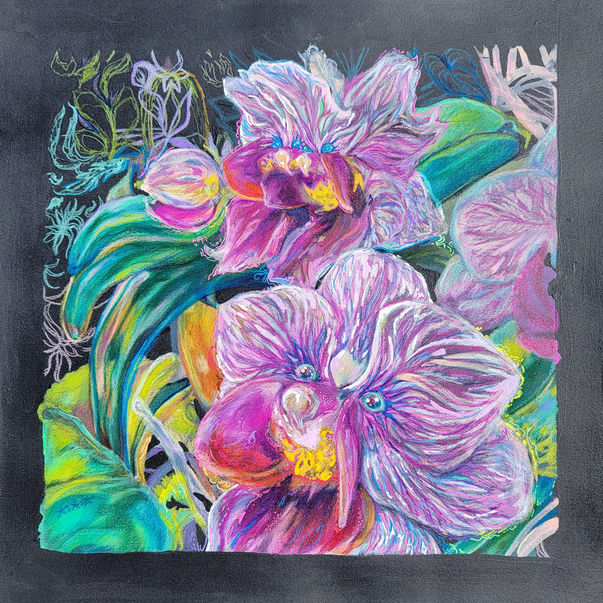 When it is dark enough, you can see the stars (RWE), 12" x 12," black gesso, colored pencils, gel pens, gouache and watercolor on watercolor paper
