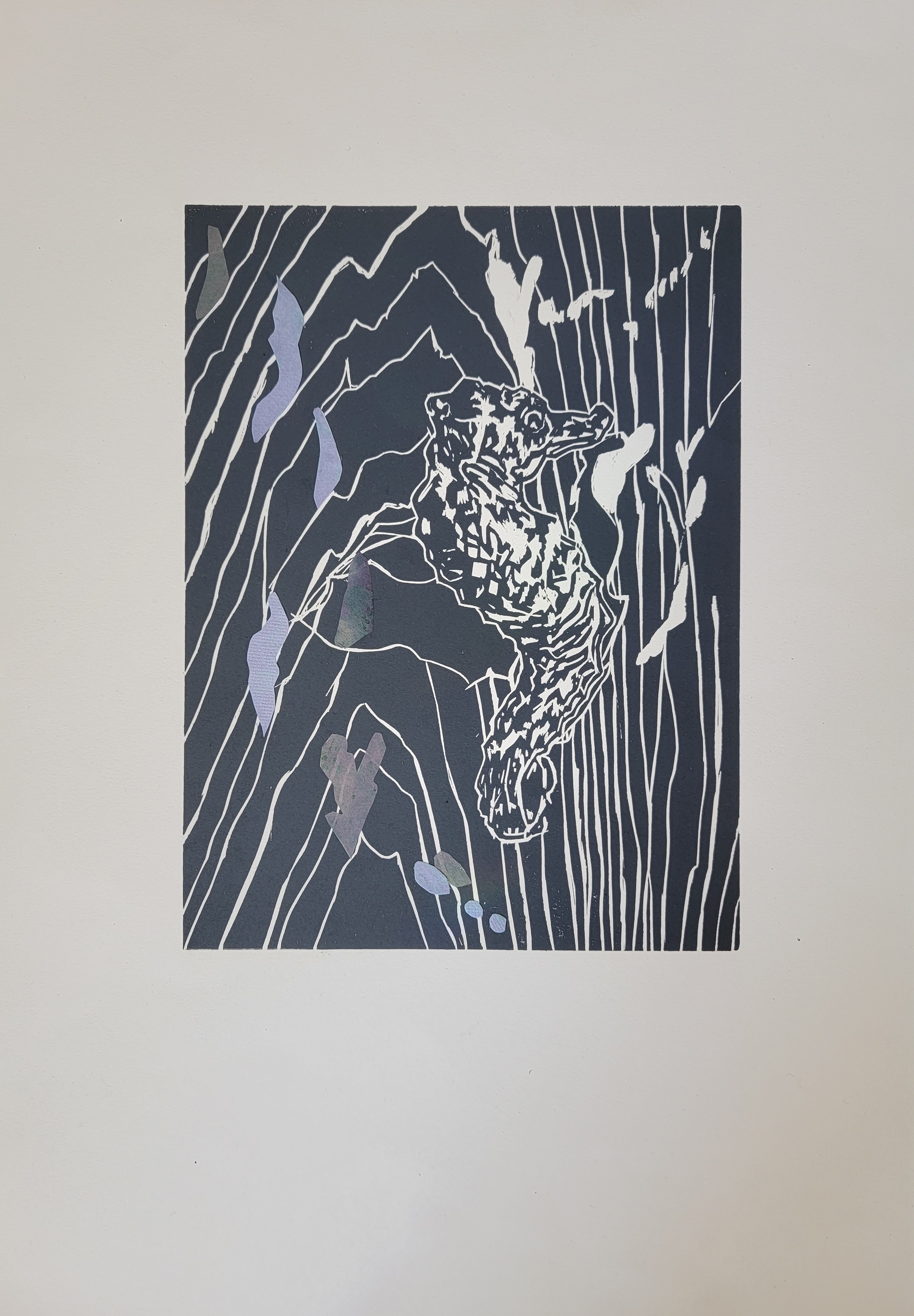 Seahorse Rhapsody in Blue, 15" x 11," Shina woodblock print with Chine Colle on Stonehenge paper