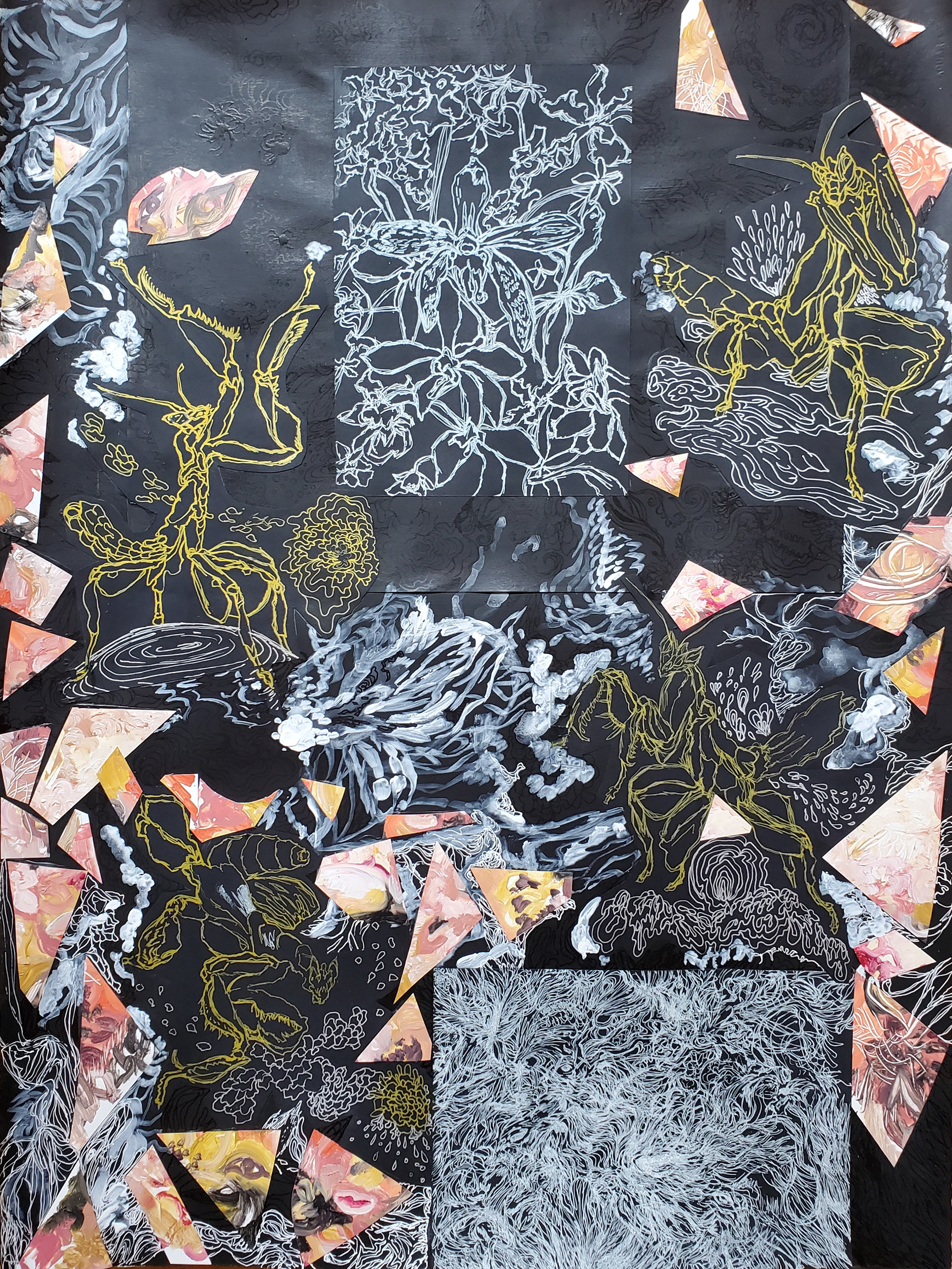 Orchid Circuitry, 30" x 22.5", white, gold, and silver gel pens on black Canson paper, black Sharpie paint pen, black gesso, white gesso, and collaged water-mixable oils on Yupo paper on watercolor paper