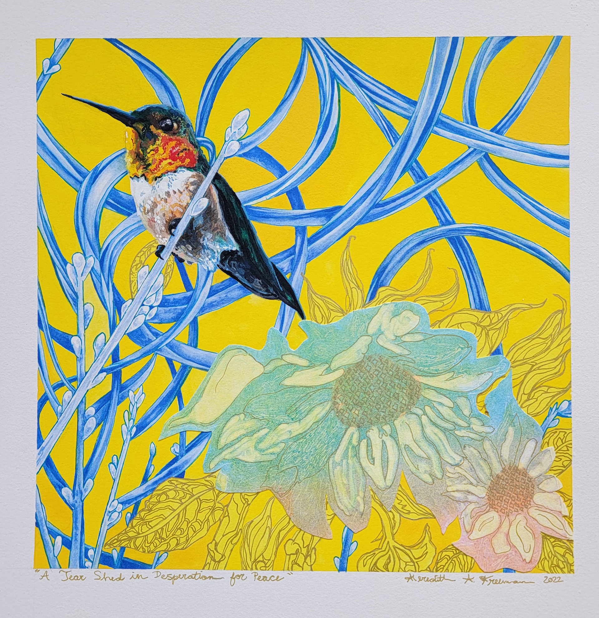 *A Tear Shed in Desperation for Peace, 12", 12", gouache, gel pen, monoprint ghost and a tear drop on watercolor paper