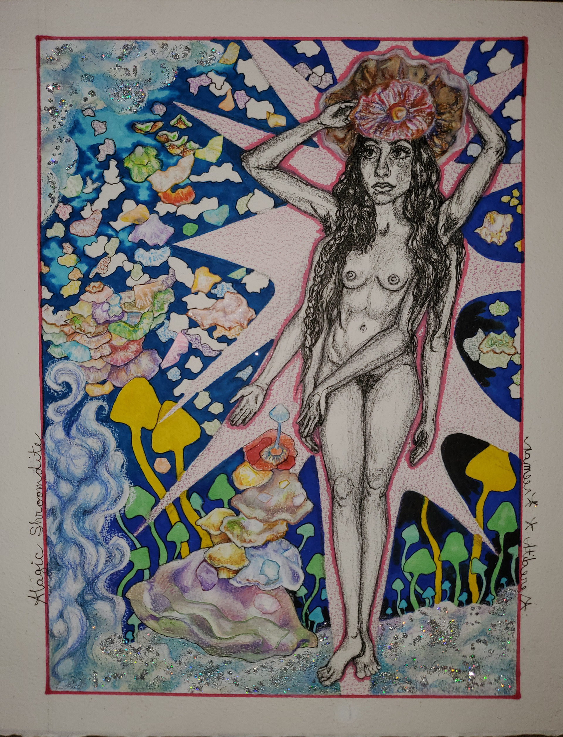 Magic Shroomdite, 11" x 8", micron, colored pencil, marker, glitter, and collaged marker & colored pencil paper cuts on watercolor paper