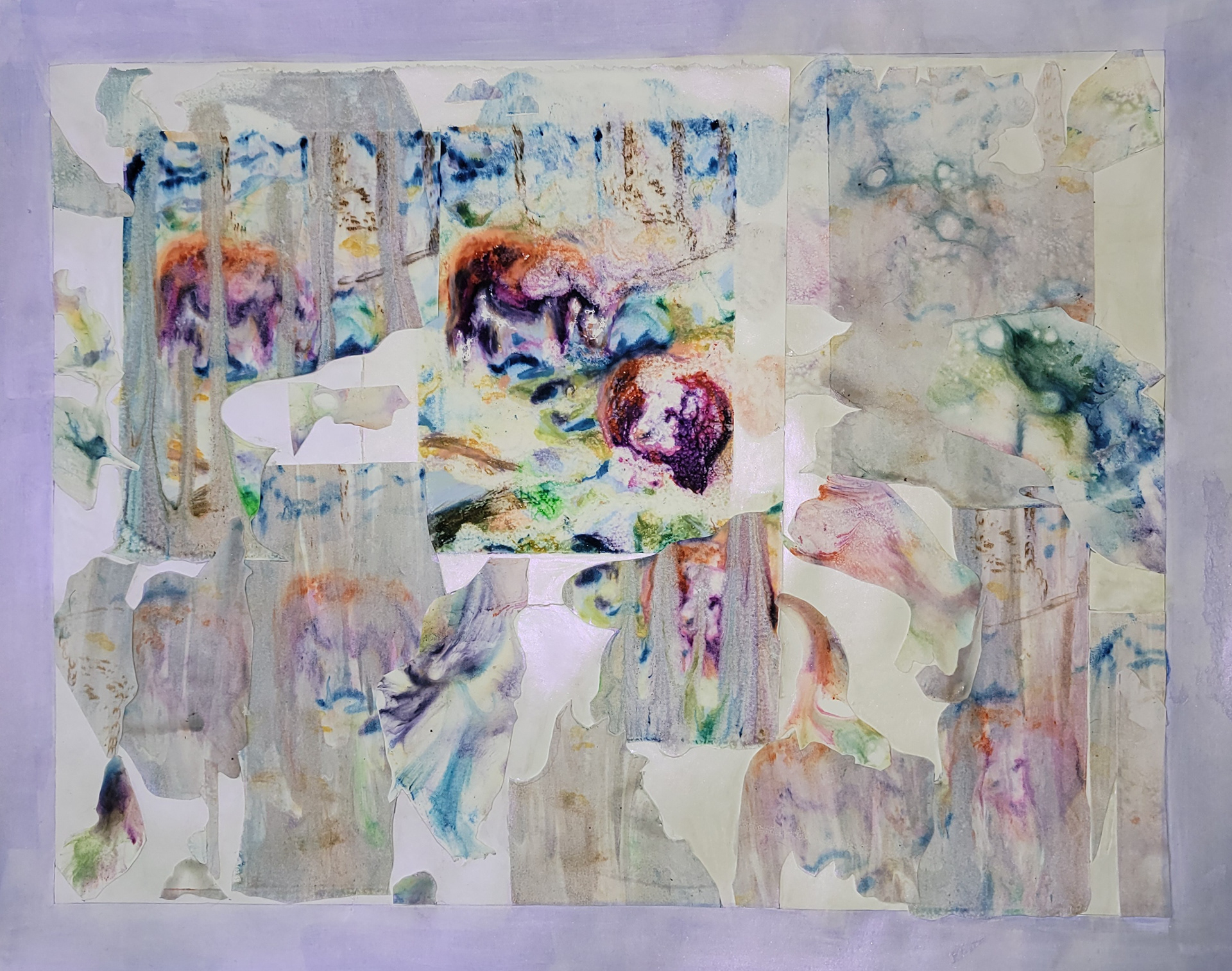 Moo Dog Law of Attraction, 14" x 17," Collaged Monoprint, gouache and watercolor pearlescent paint on Bristol paper