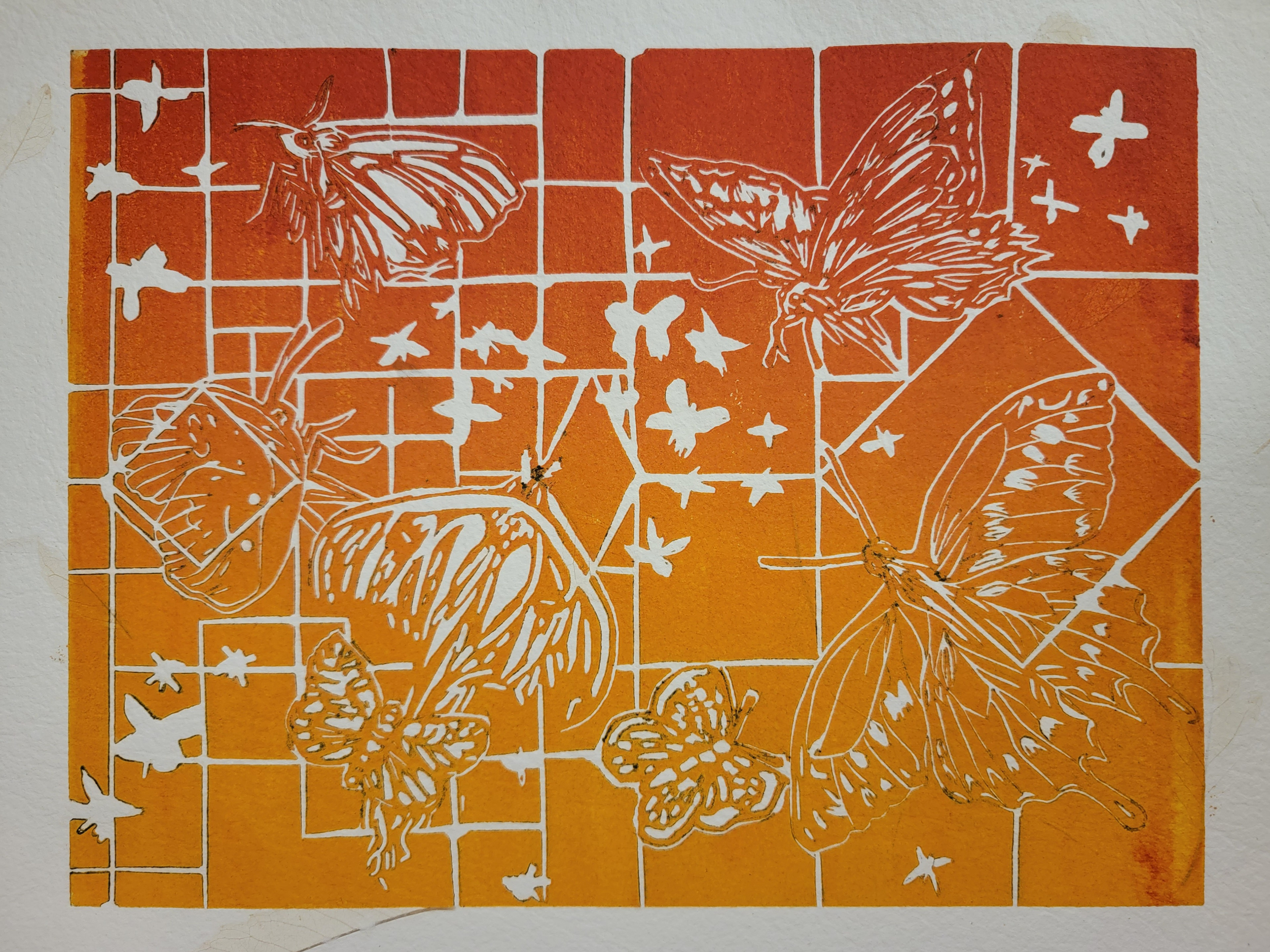 Autumn Wings, 11" x 12," Linocut on Stonehenge paper