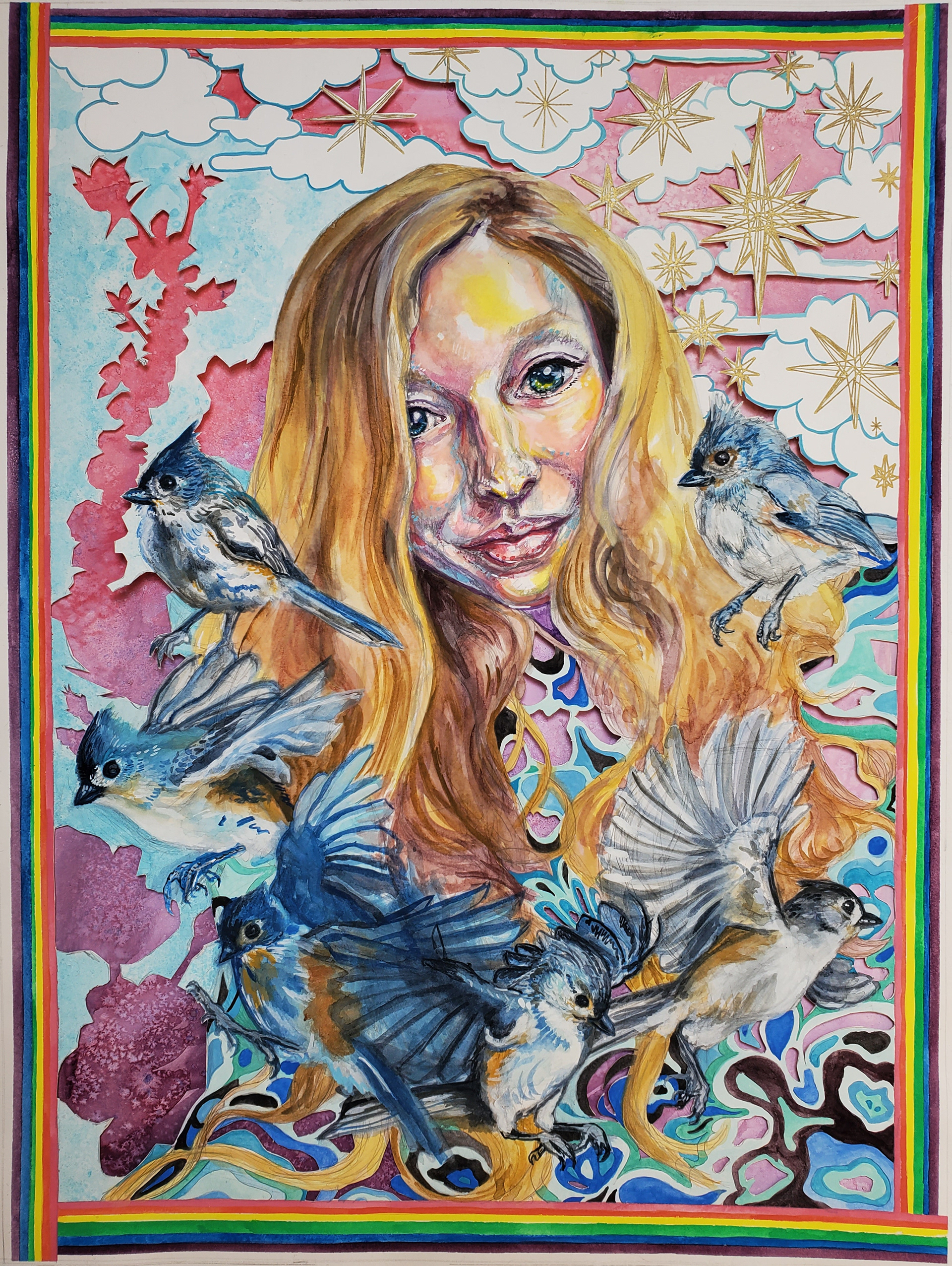 Muffy/Tuffitted Titmouse, 16"x22", layered watercolor, gouache, Sharpie paint pen, and salt paintings on watercolor paper; top layer hand cut