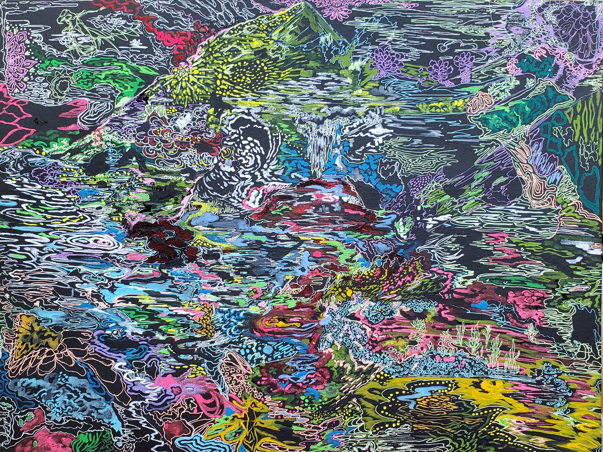 Temporality, 18" x 24", Shinhan Poster Paint, Milky Pop gel pen, Sharpie paint pen, and black gesso on canvas board