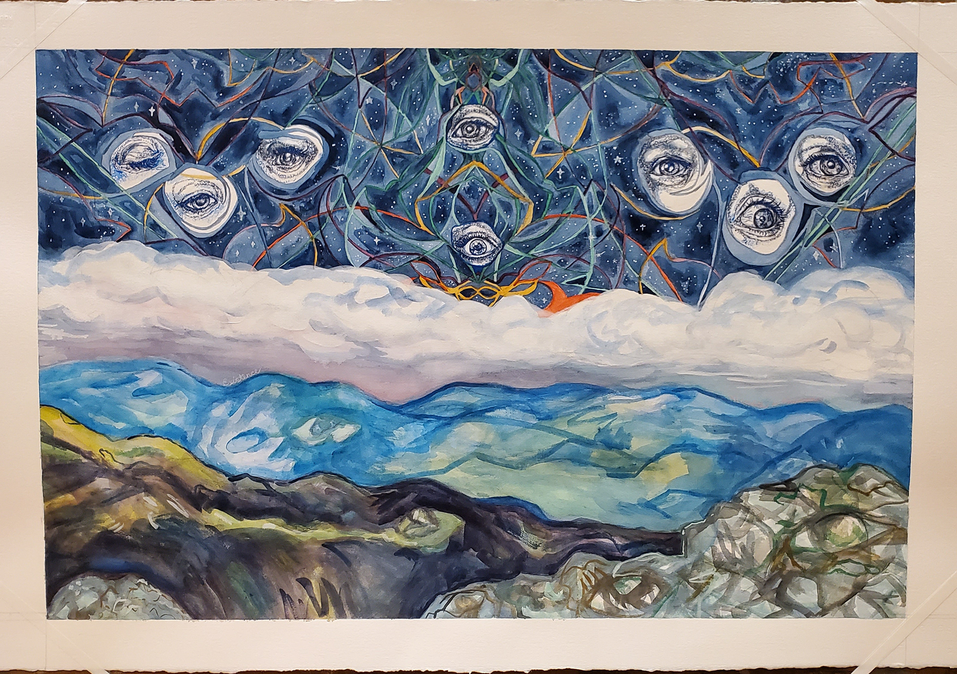 Existence, 22" x 34", watercolor, gouache and Sharpie paint pen on watercolor paper