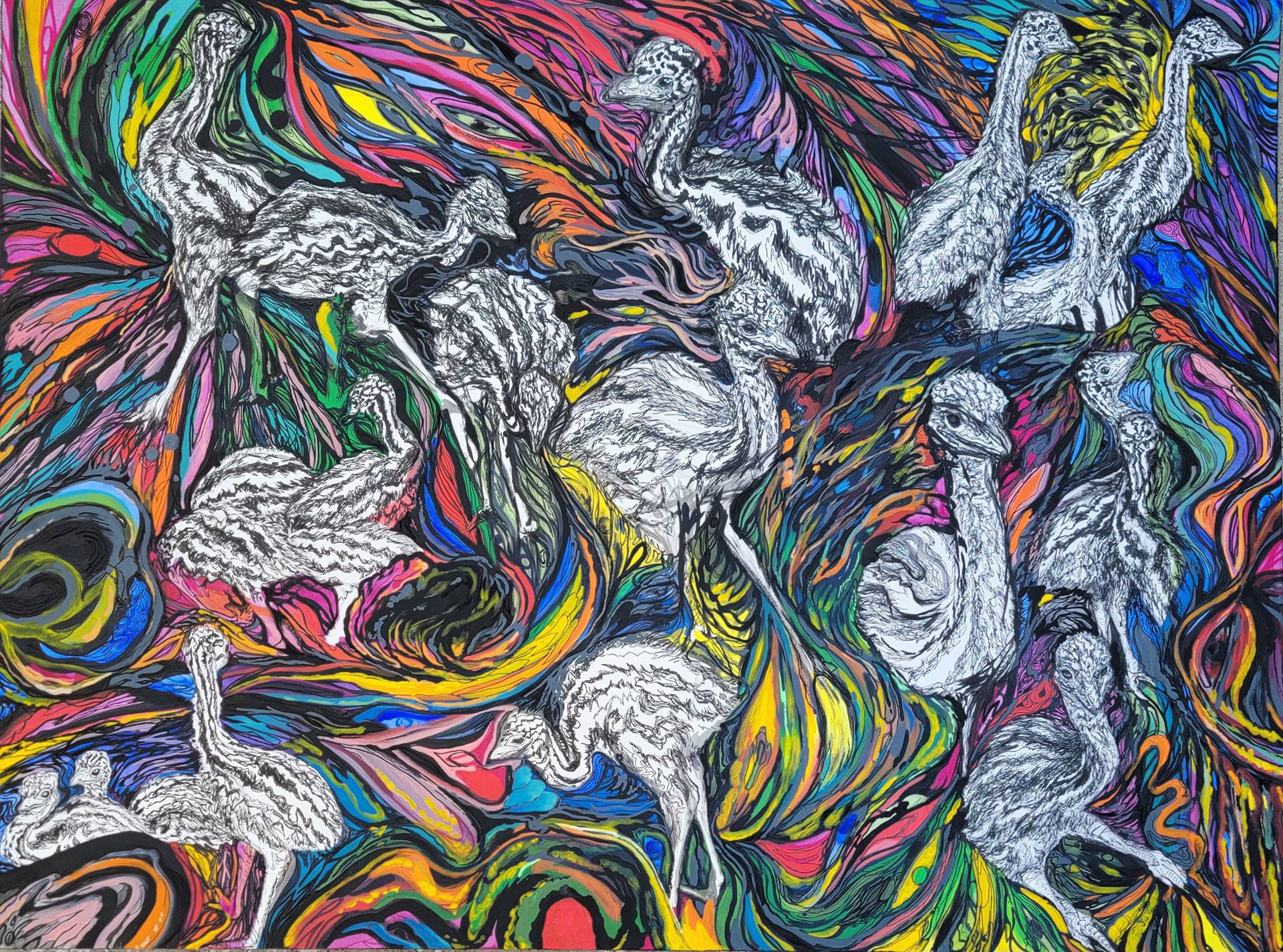 Shifts in Perspective / Stilldreemus, 40" x 30", black gesso, acrylics, micron, and markers on illustration board