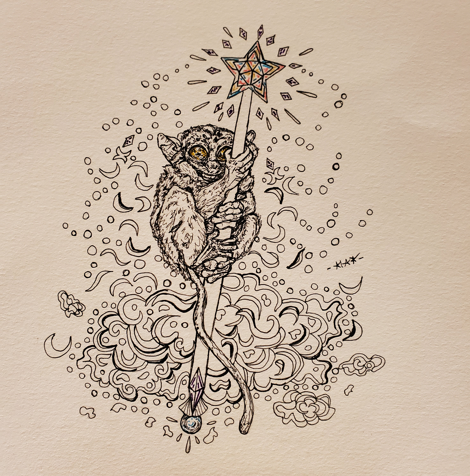 The Nocturnal Midgie Wizard, 6"x6", micron and marker on drawing paper