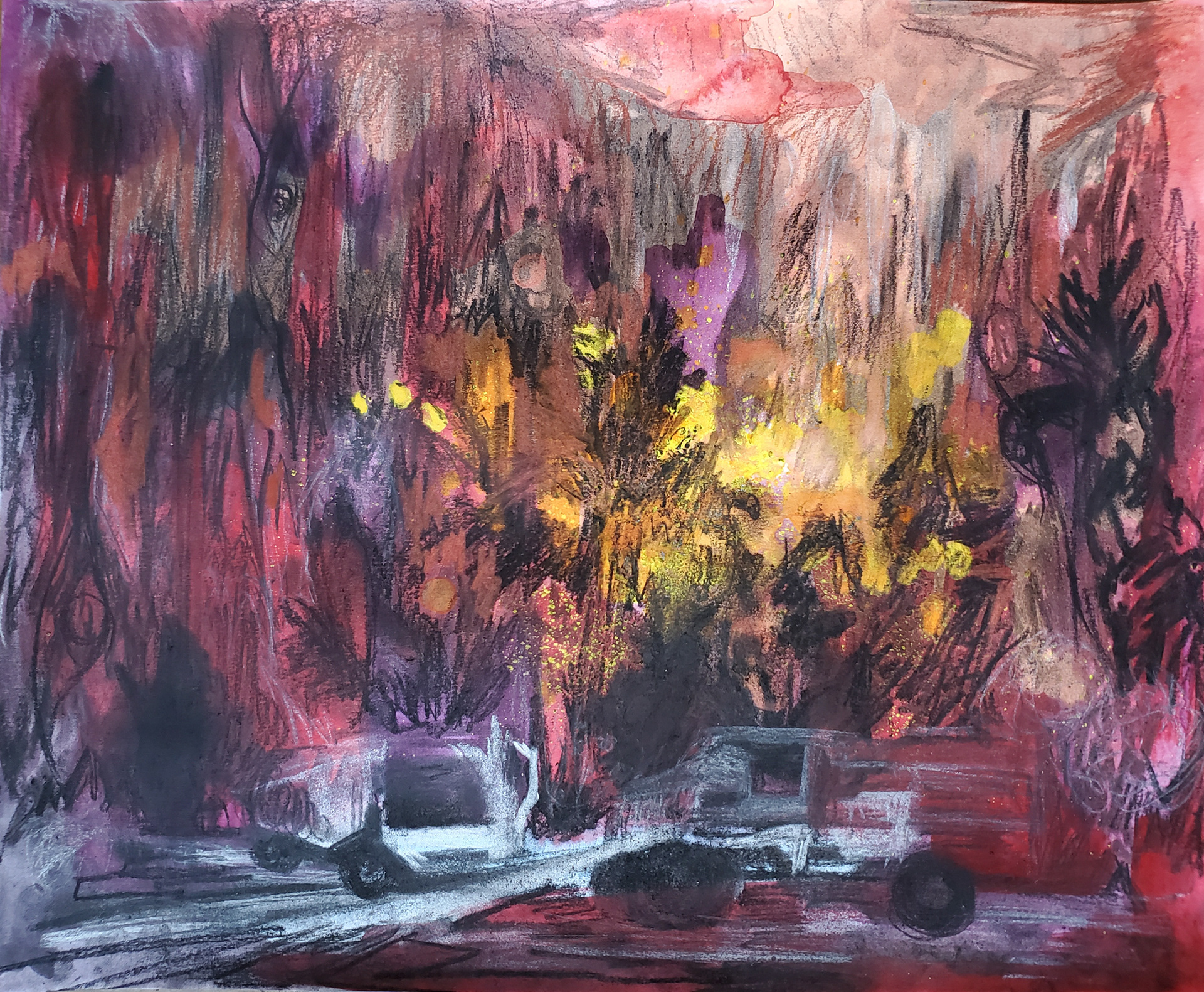 Landscape in Crisis I - California Fires 2020, 14" x 17", vine charcoal, compressed charcoal, white charcoal, and gouache on Bristol paper