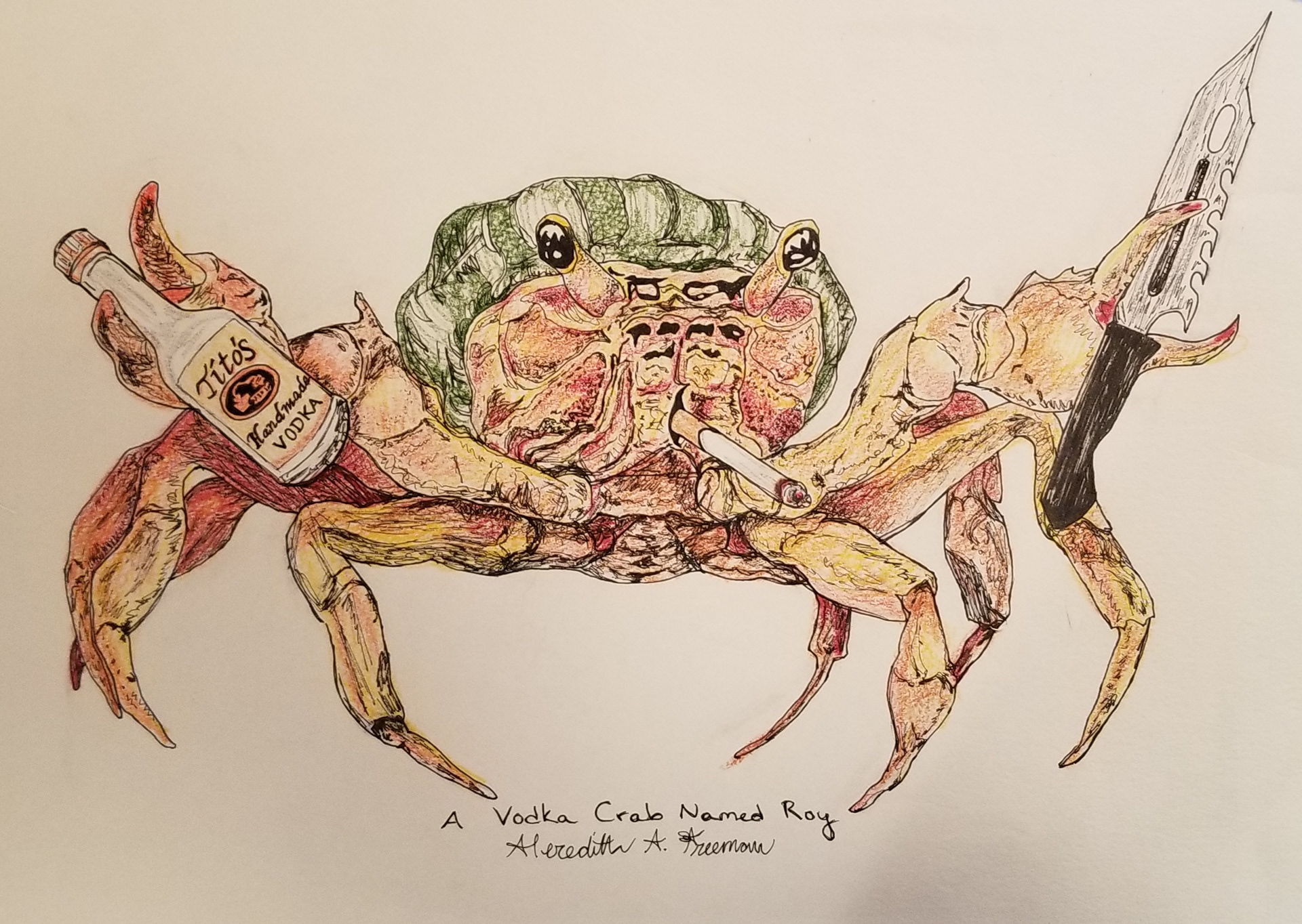 +A Vodka Crab Named Roy, 2018, 10"x8", micron and colored pencil on drawing paper