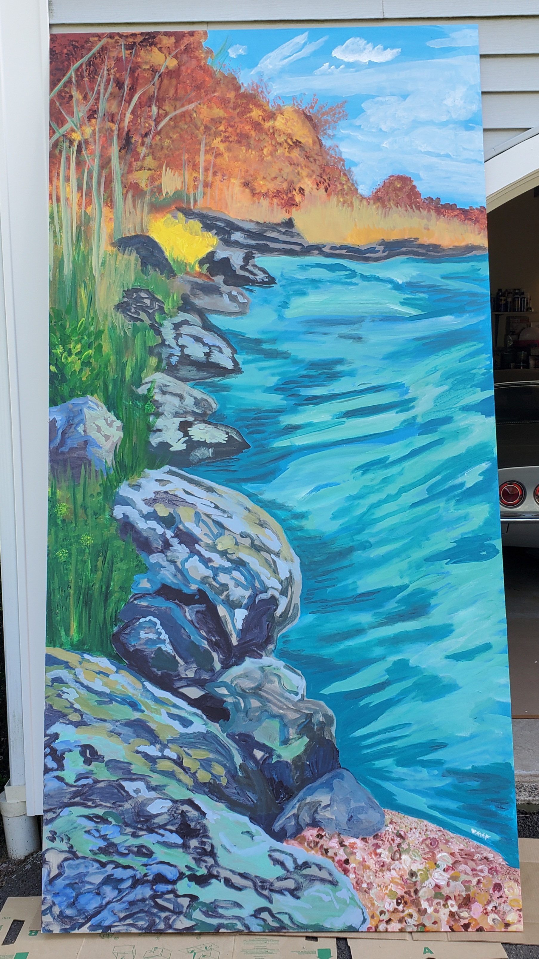 +Bluff Point State Park: Fall Landscape, Bookshelf Project, 8' x 4', Acrylic on plywood