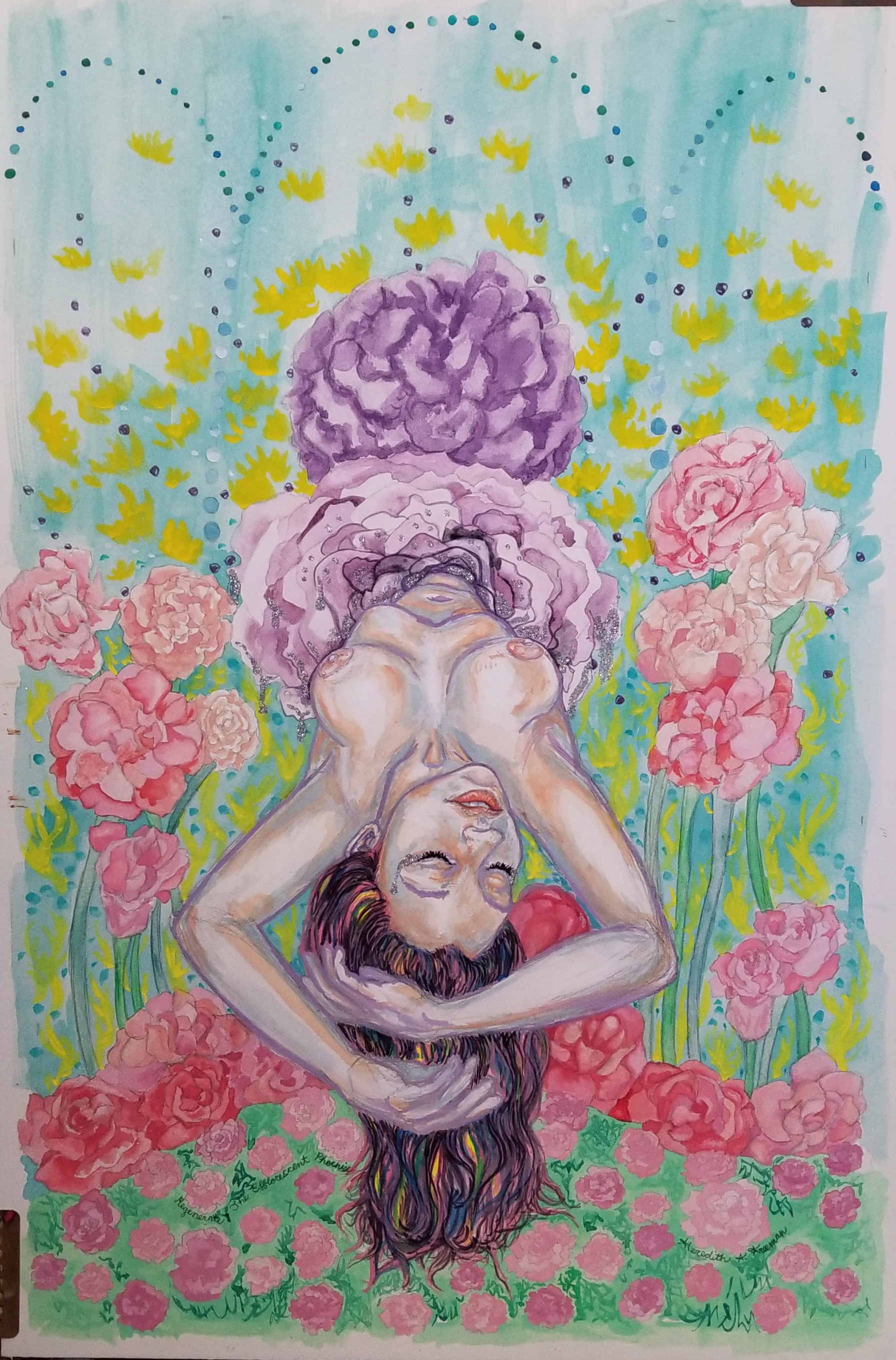 Regenerate: The Efflorescent Phoenix, 2018, 30" x 20", watercolor, gouache, and glitter on illustration board