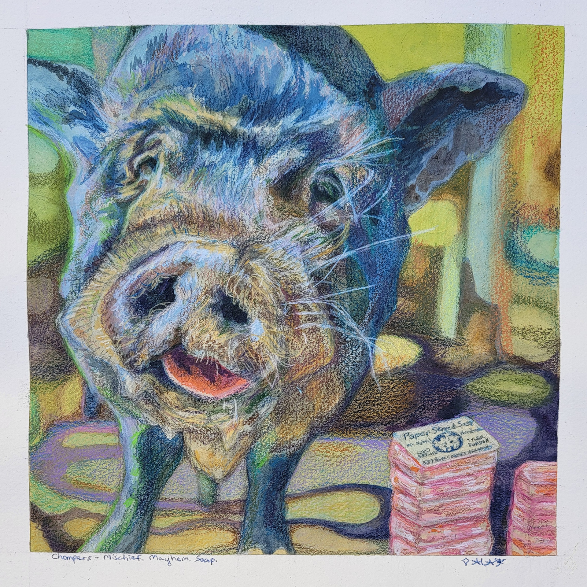Chompers - Mischief. Mayhem. Soap., 12" x 12", gouache, watercolor, and colored pencils on watercolor paper